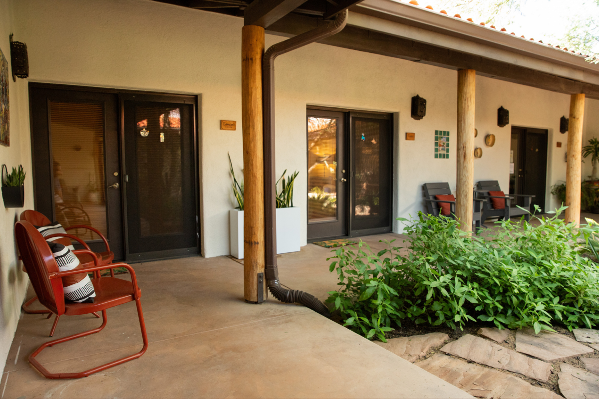 Seating around The Lodge courtyard