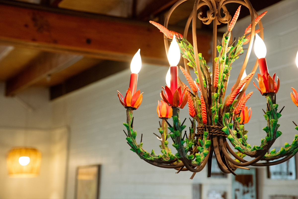A close up of a handmade chandelier in the Ocotillo Casita