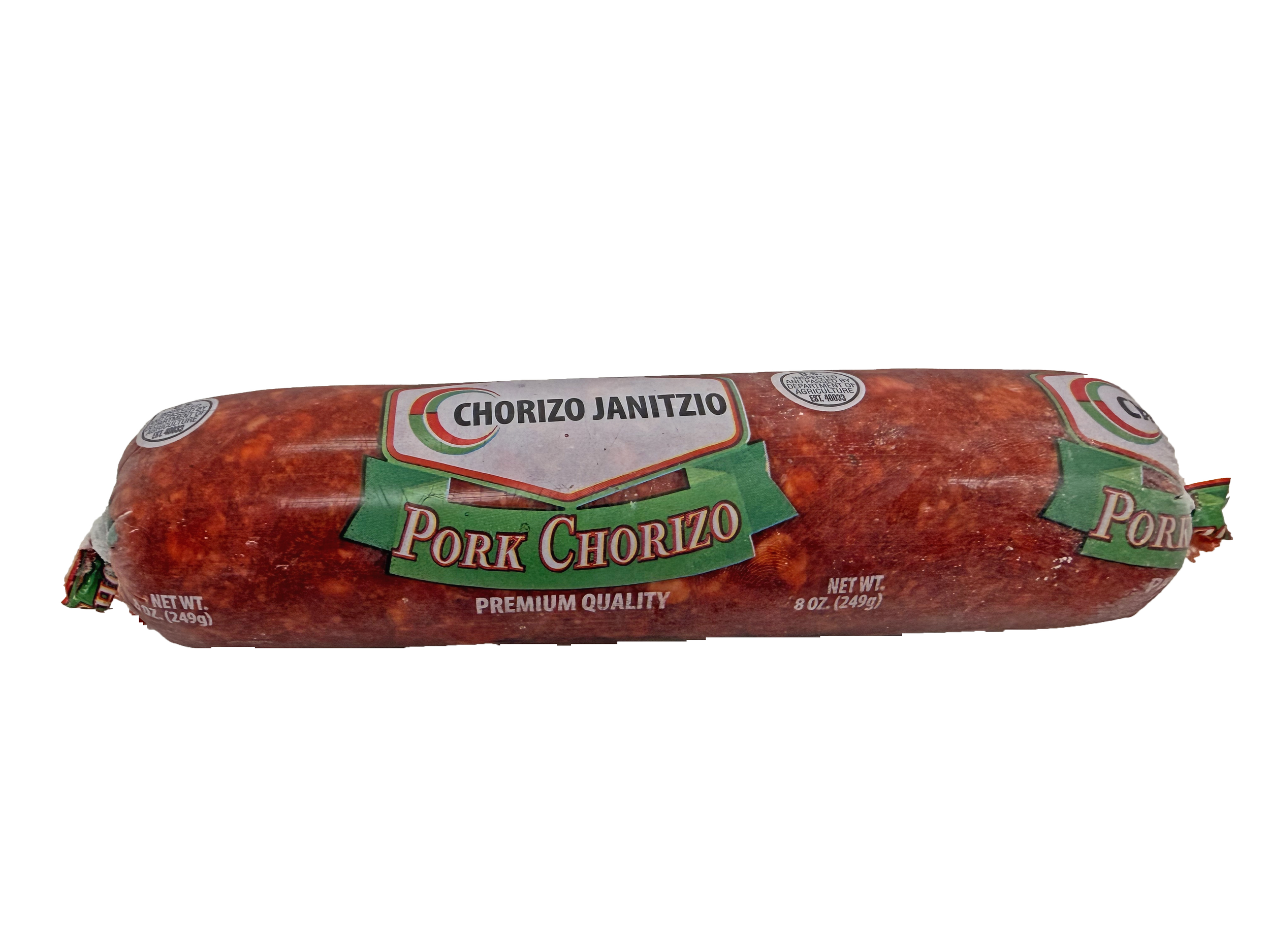  8 Oz. of Bulk Chorizo in a "Chub" style plastic casing.  Item available in boxes of  20 lbs (40 pack)