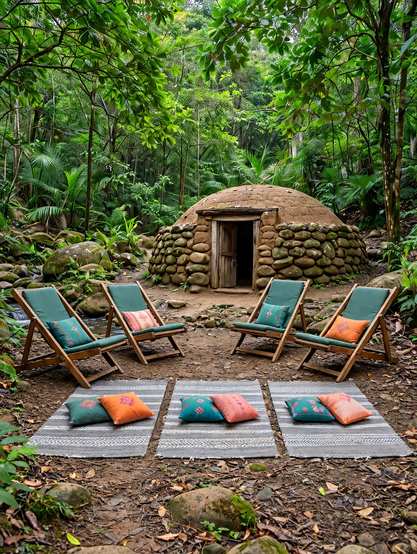 A temazcal in Guerro Mexico's forest, with mats, blankets and chairs.
