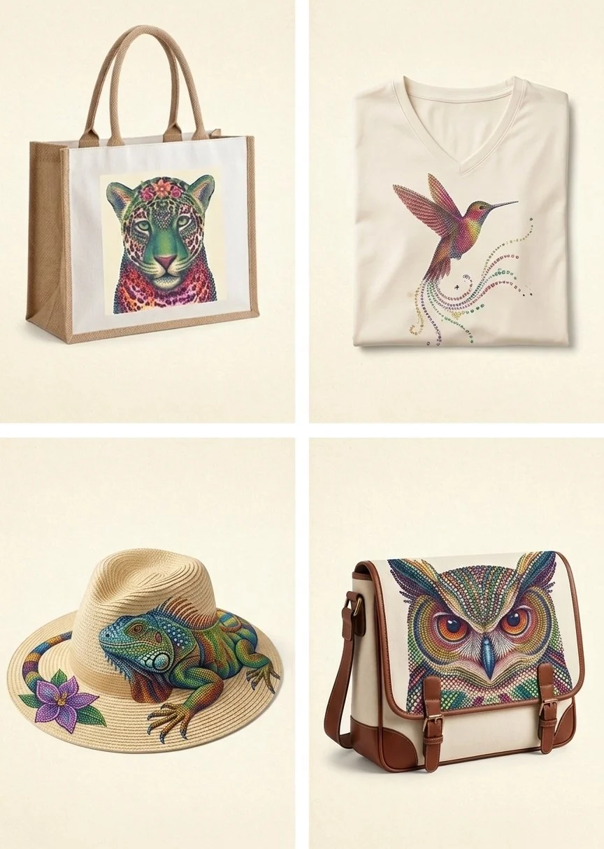 Collection of four items with colorful animal-themed artwork: tote bag with a jaguar's face; T-shirt with a hummingbird design; straw hat with a lizard and purple flower; shoulder bag with an owl face.