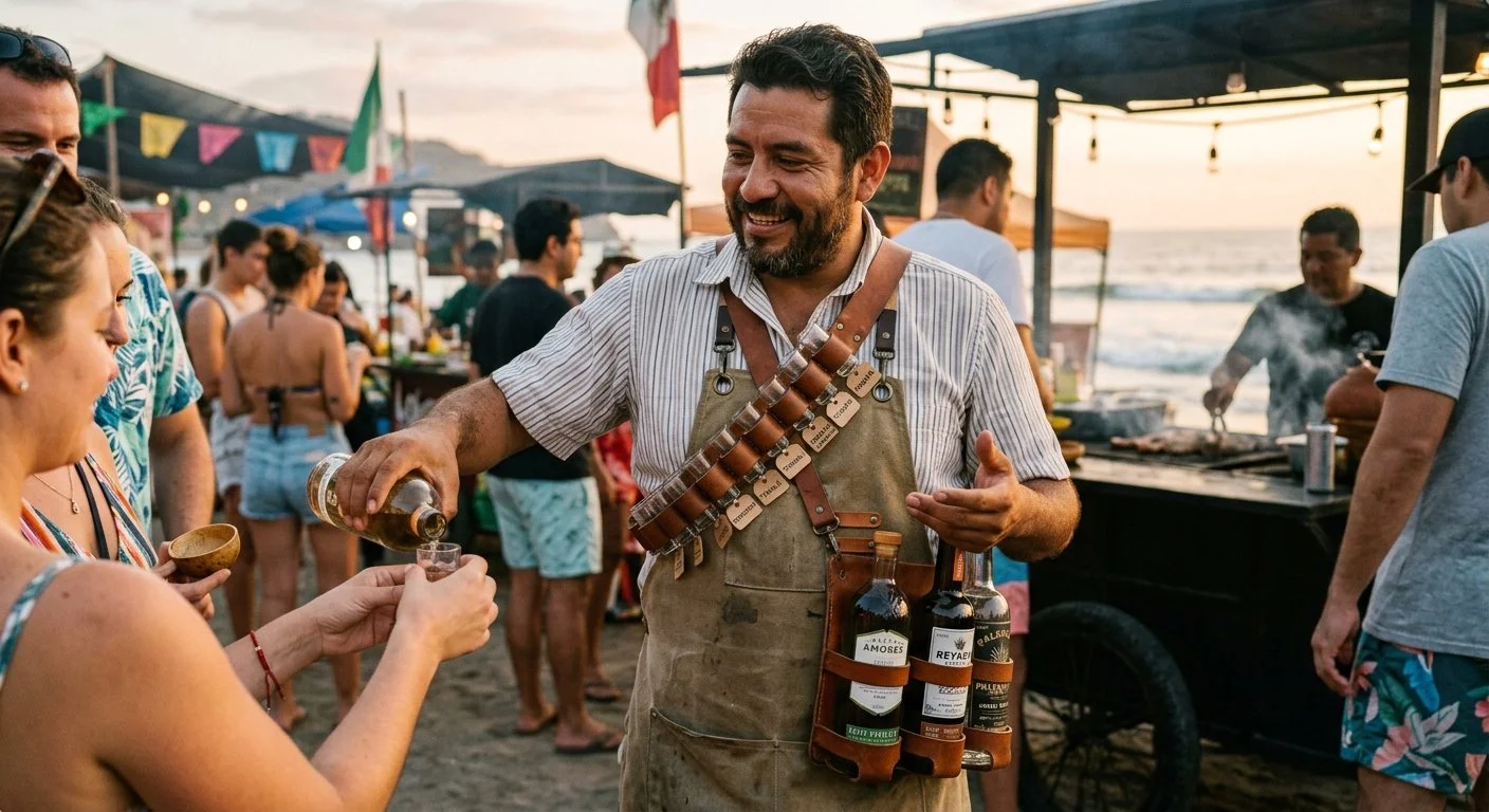 A man serving drinks at a beach party with people in the background, sunset sky, and outdoor grilling area.