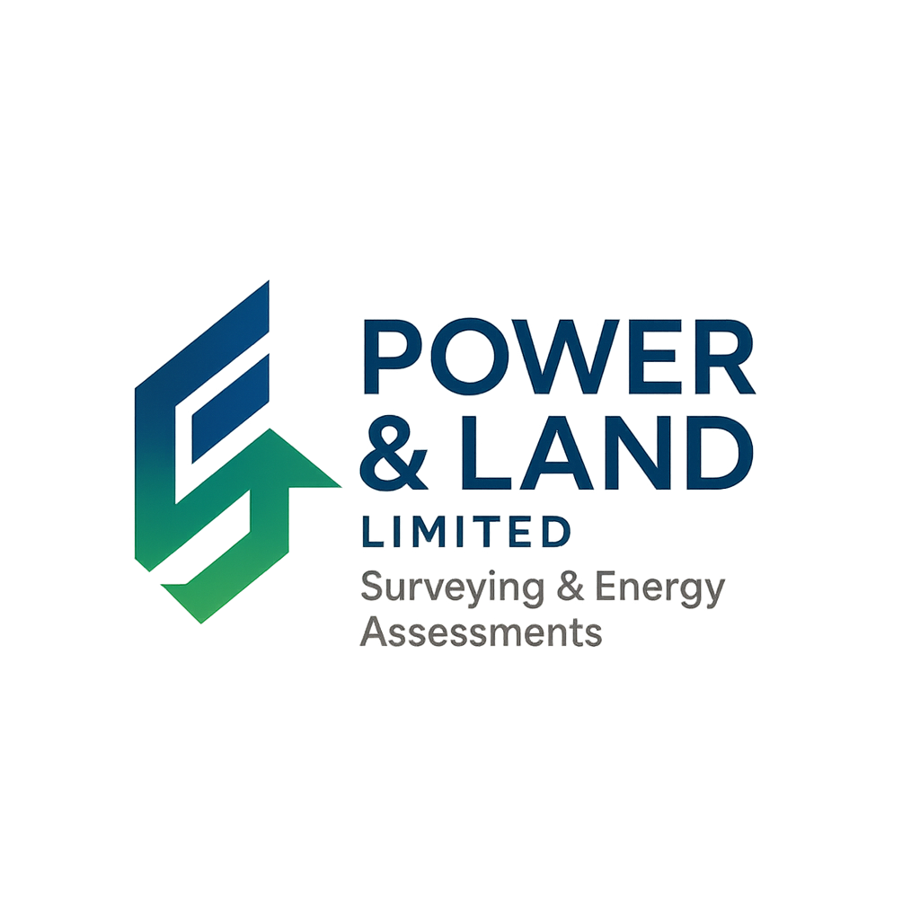 Logo for Power & Land Limited, a surveying and energy assessment company, featuring geometric shapes and company name in blue, green, and gray text.