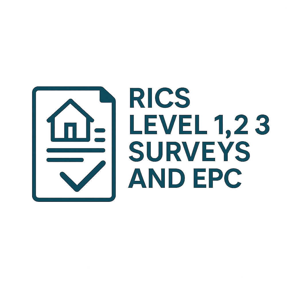 Graphic with house icon and check mark, text about RICS level surveys 1, 2, 3, and EPC.