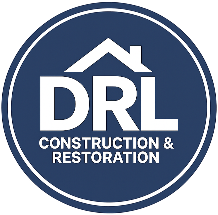 Logo for DRL Construction & Restoration featuring a house roof icon above the initials 'DRL' on a dark blue circular background.