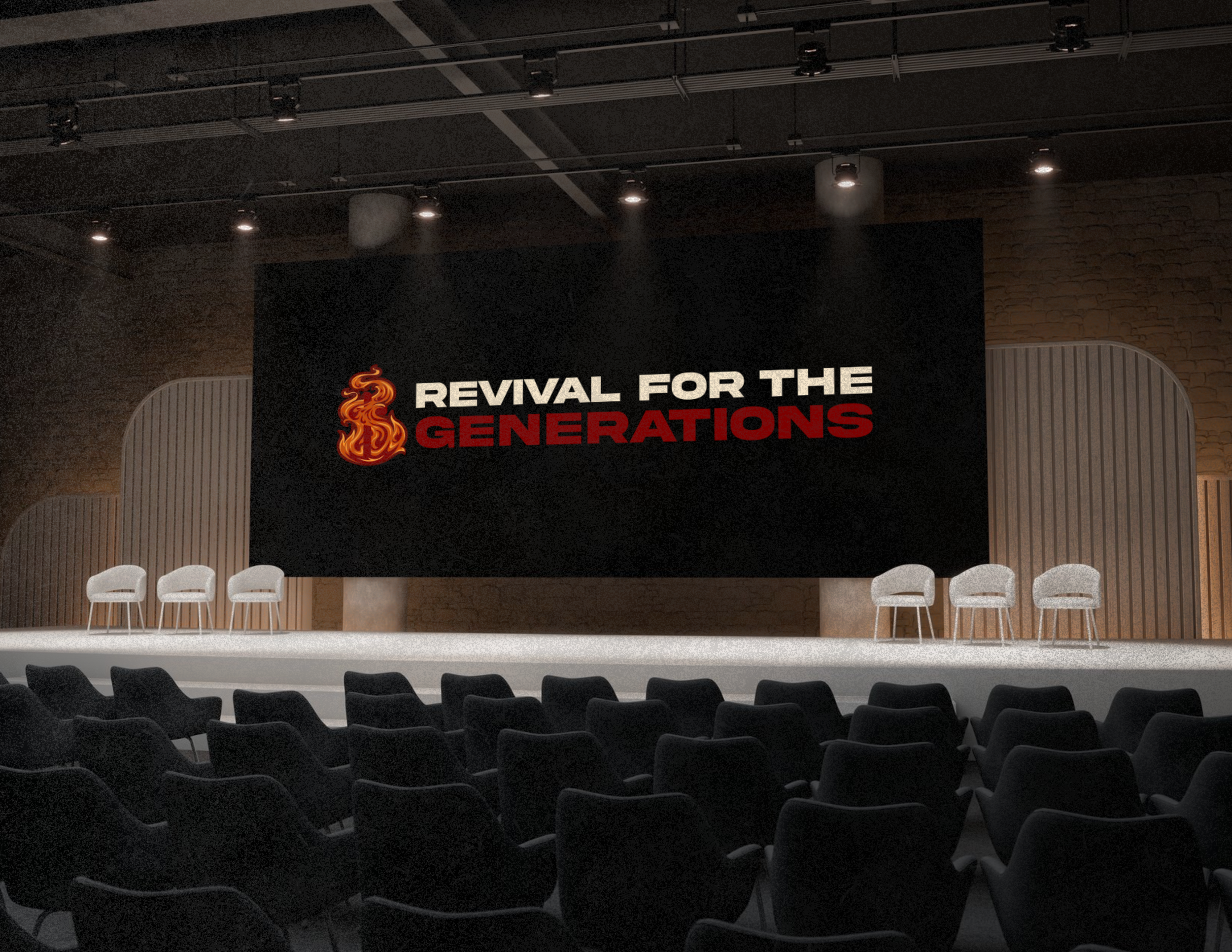 An event stage with a large screen displaying the words 'Revival for the Generations' and a graphic of a flame, surrounded by empty chairs and a dark, modern interior setting.