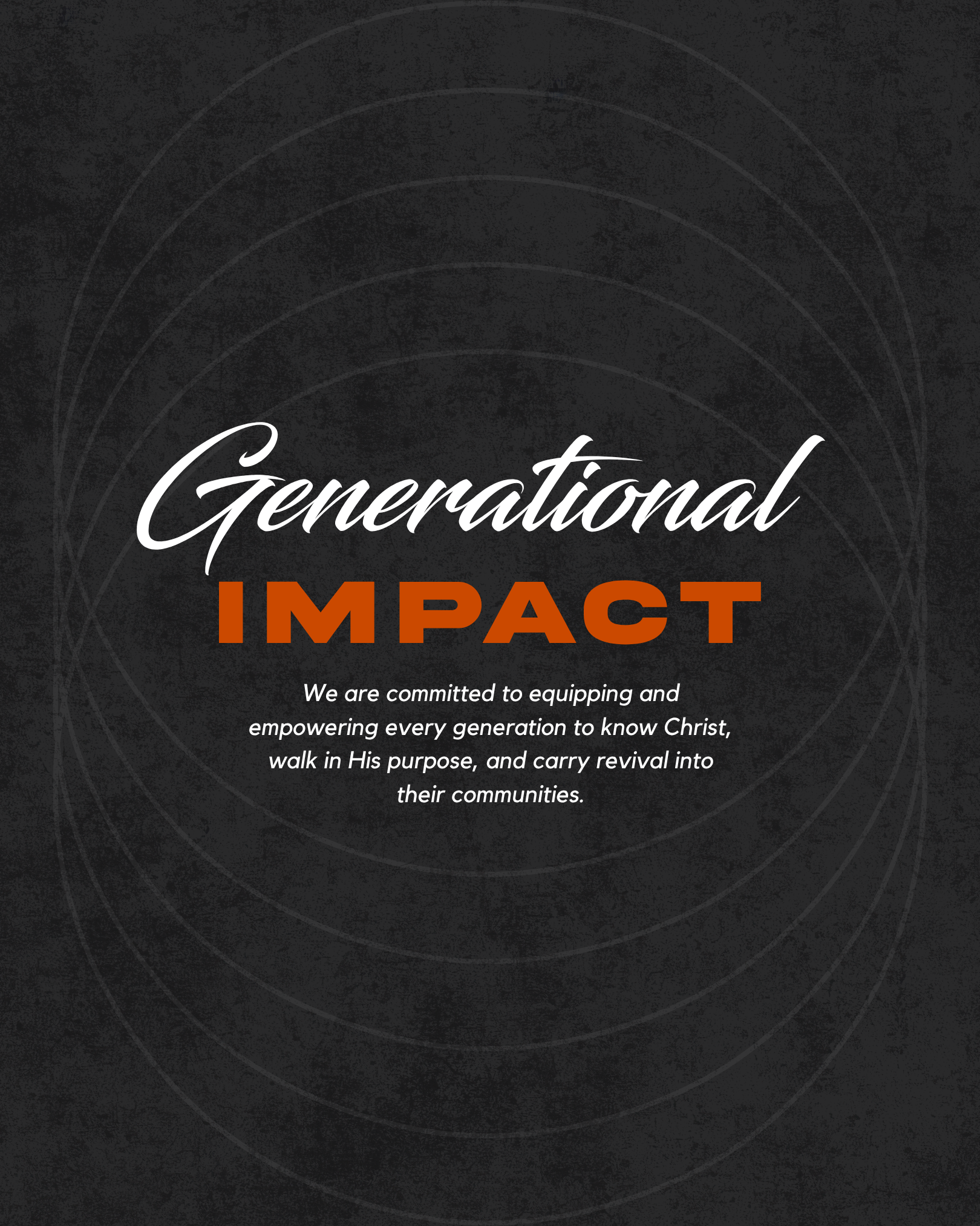 Poster with the title 'Generational Impact' in large white and orange text, and a paragraph of smaller white text underneath on a dark background with concentric circle designs.