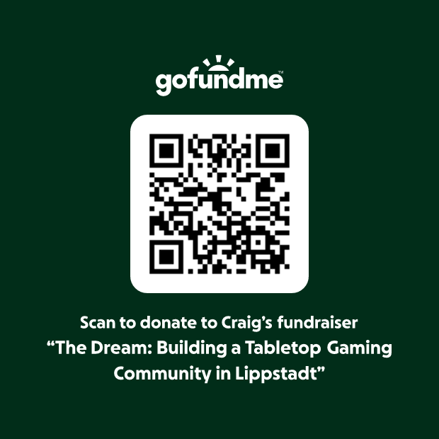 QR-Code auf einer Spendenkarte für Craigs Wohltätigkeitsprojekt 'The Dream: Building a Tabletop Gaming Community in Lippstadt' mit der Aufforderung, zum Spenden zu scannen.