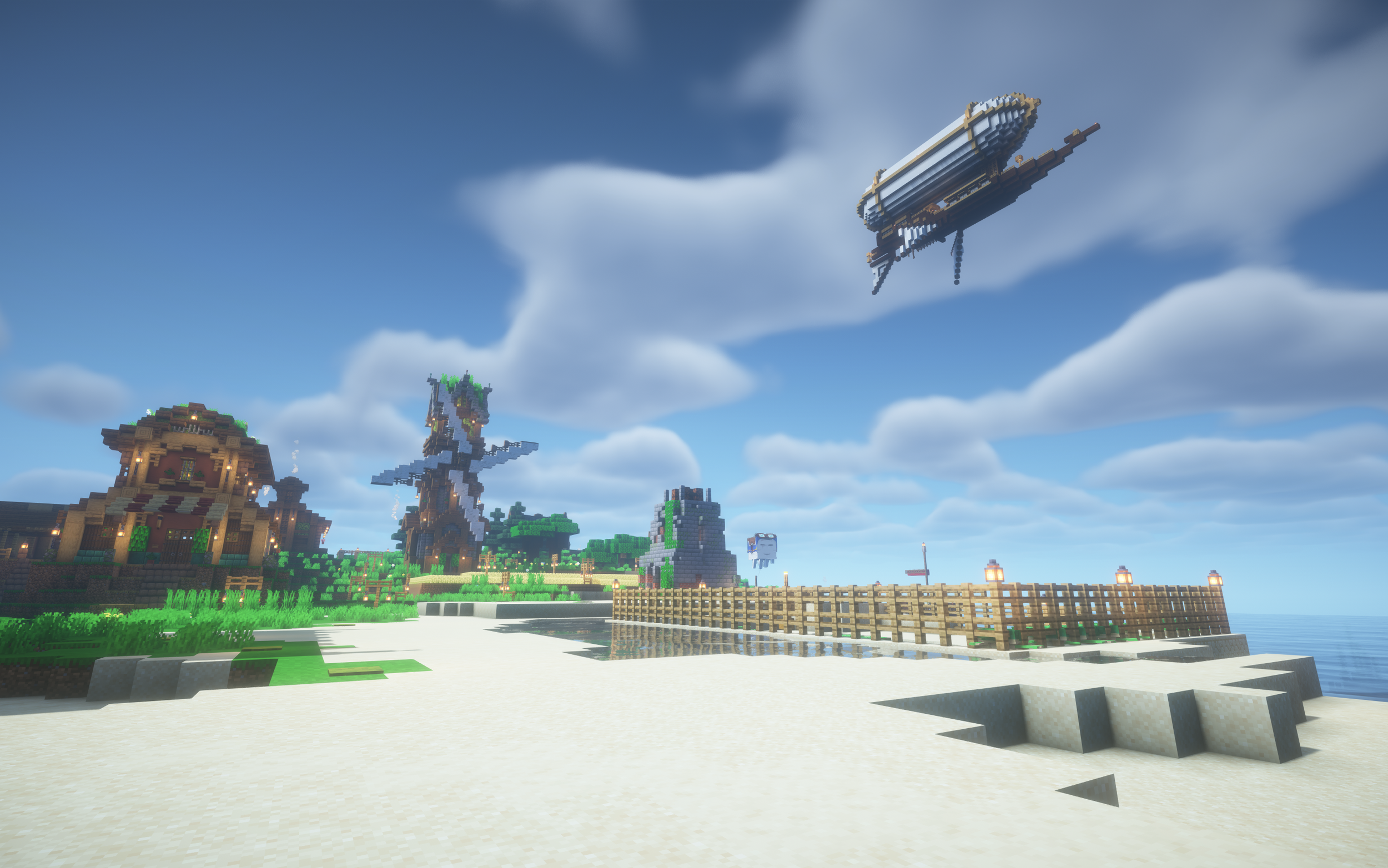 Minecraft-ähnliche Welt mit einem großen Zeppelin, Windmühlen und Gebäuden unter einem bewölkten Himmel.