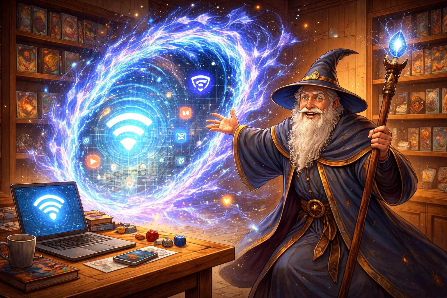 Ein Zauberer in einem Raum mit Holzregalen, der über einem Zauberstab und einem Laptop ist, die eine magische Wi-Fi-Sphäre erzeugen.