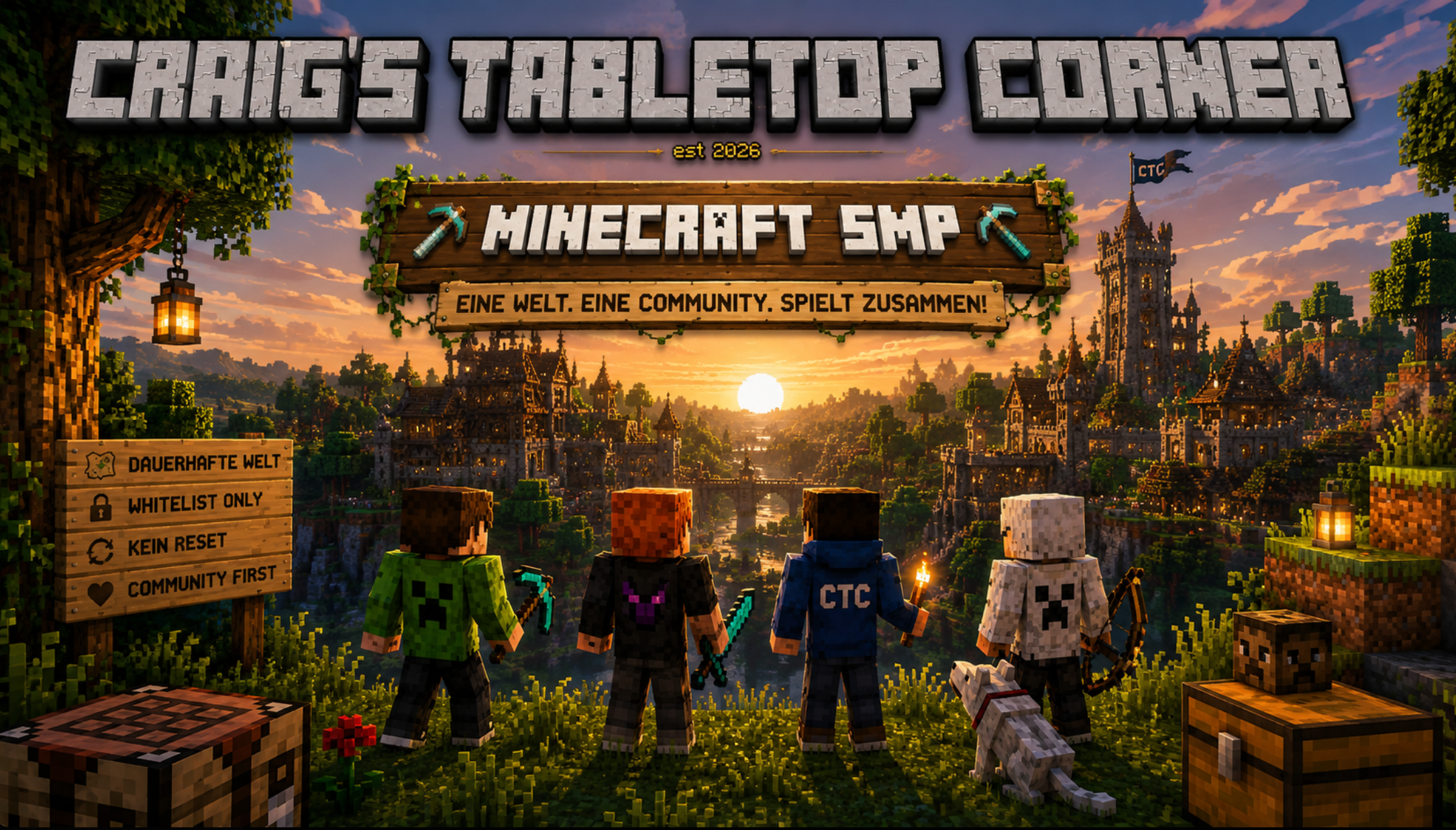 Minecraft-Spielszene bei Sonnenuntergang mit vier Charakteren und einer mittelalterlichen Stadt im Hintergrund. Über dem Bild steht die Überschrift 'CHAOS TUNER SERVER' und 'Minecraft SMP' mit Slogan 'Eine Welt. Eine Community. Spielt zusammen!'.