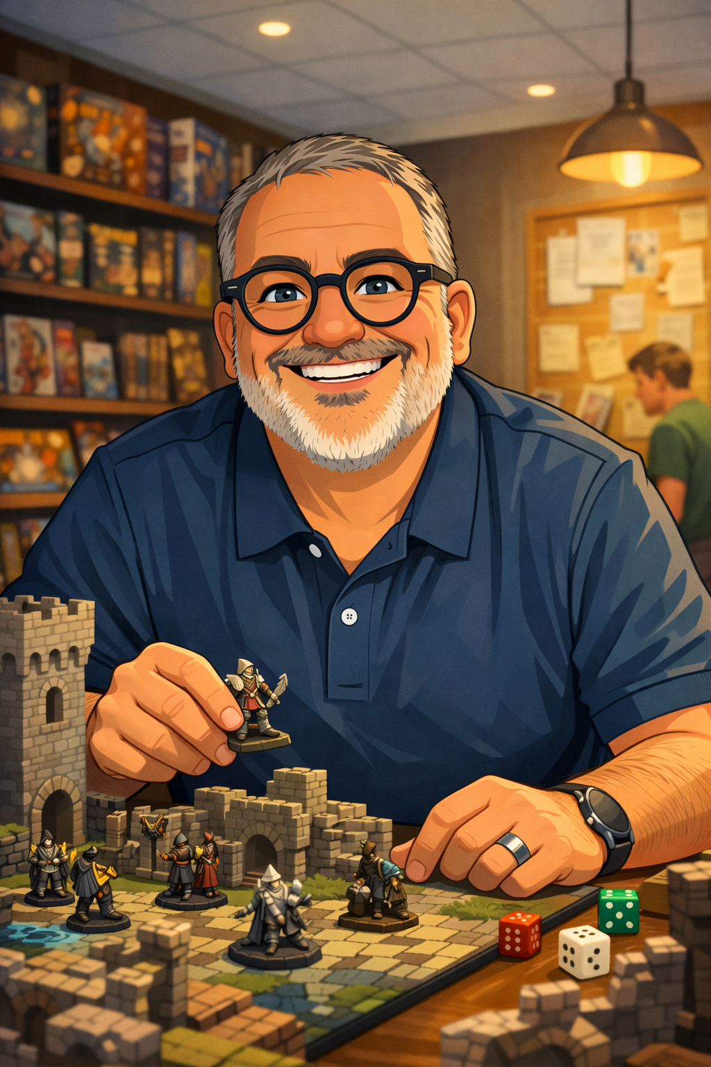 Ein fröhlicher älterer Mann mit Brille, grauem Bart und blauer Hemd spielt ein Brettspiel mit Miniatur-Figuren und Würfeln in einem Spielecafé.