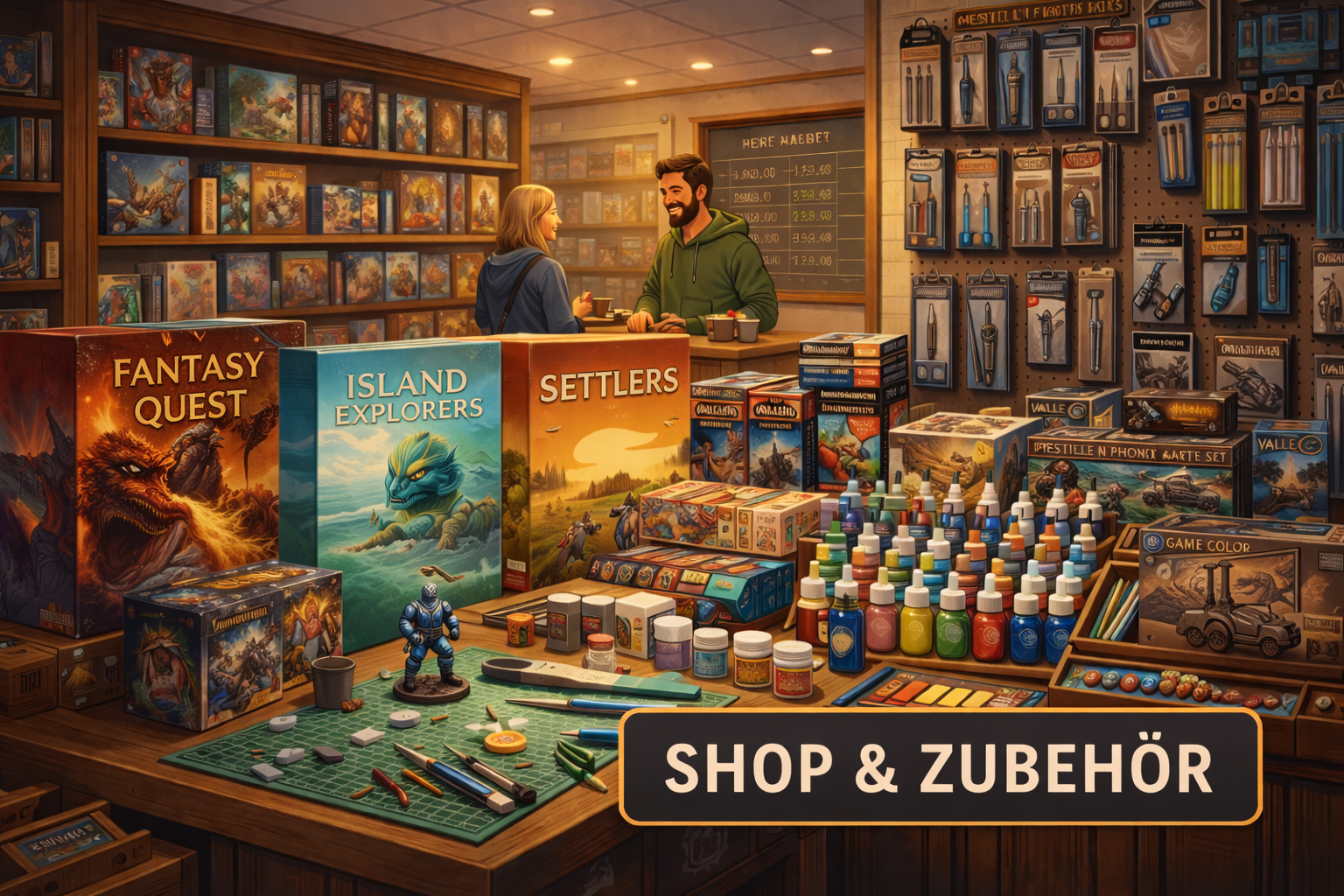 Blick in ein Spielwarengeschäft mit Brettspielen, Miniaturen, Bastelmaterialien und Accessoires. Im Hintergrund verkauft eine Verkäuferin und ein Kunde. Es gibt Regale mit Brettspielen, eine Theke mit Werkzeugen und Bastelmaterialien, sowie zahlreiche Spielboxen und Fläschchen auf dem Tisch.