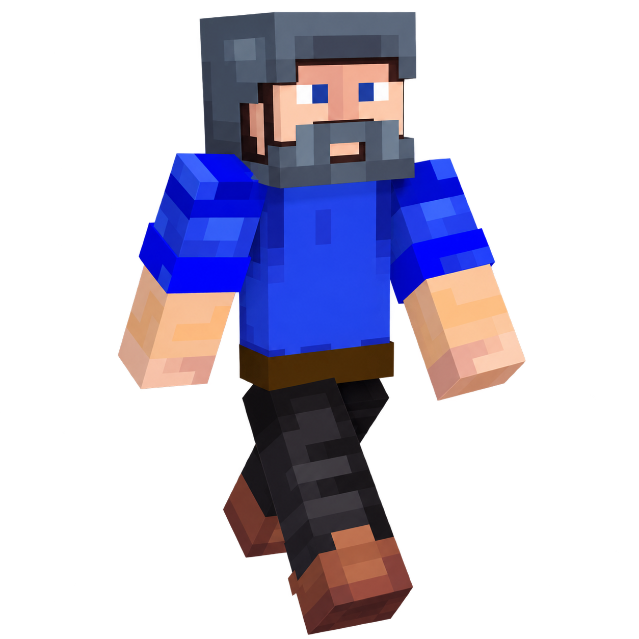 Pixelartige Figur eines Mannes mit grauem Haar, Bart und blauer Kleidung, die läuft.