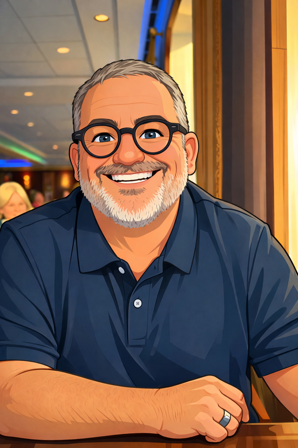 Cartoonähnliche Darstellung eines lächelnden Mannes mit Brille und grau-weißem Bart, der in einem Restaurant sitzt.