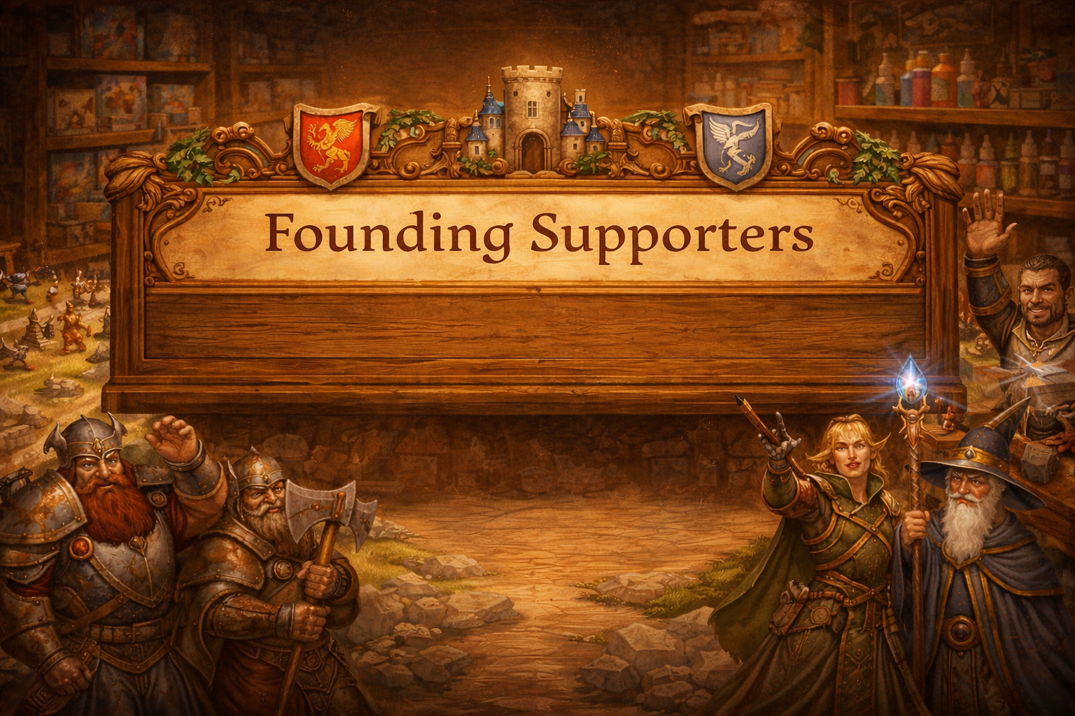 Illustration eines Fantasy-Brettspiels mit dem Titel 'Founding Supporters', zeigt vier Ritter und Zauberer, die gläubige Unterstützer repräsentieren, vor einem Burg-Schriftzug mit Wappen und Zauber-Elementen im Hintergrund.