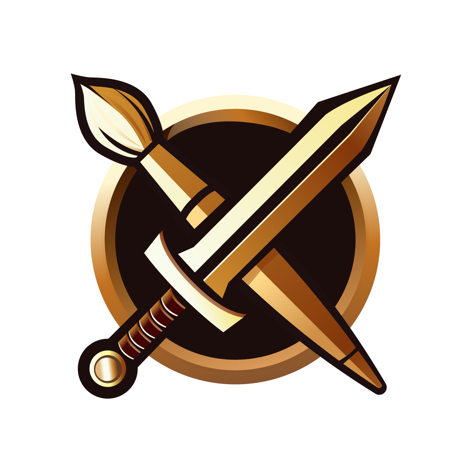 Ein stilisiertes Zeichen mit einem Schwert und einem Dolch gekreuzt in Gold- und Brauntönen, auf einem schwarzen Hintergrund.