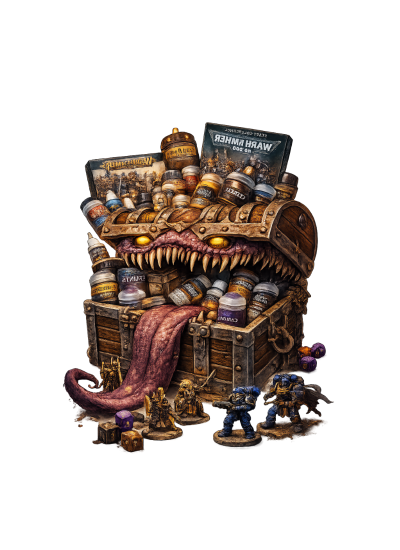 Ein Schatztruhe mit Drachengesicht, umgeben von Miniatursoldaten und Dosen von Warhammer.