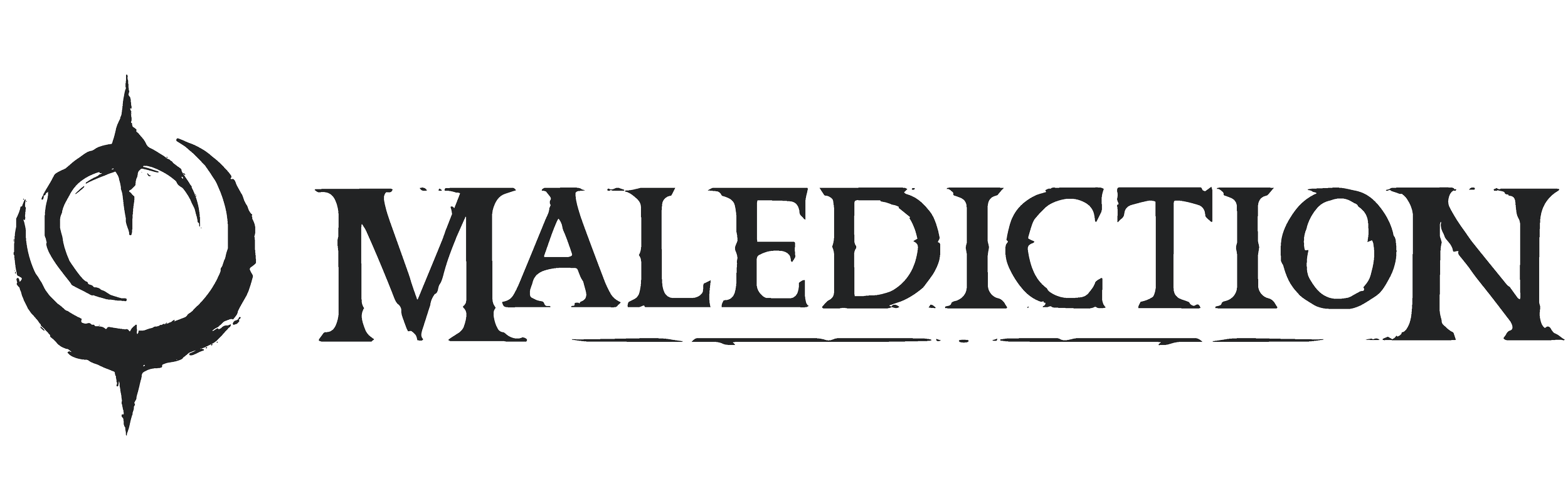 Das Bild zeigt das Logo von Malediction, mit einem schwarzen Hintergrund, einem stilisierten schwarzen Symbol auf der linken Seite, das an eine Waffe oder einen Zauberstab erinnert, und dem Schriftzug "Malediction" in einer dunklen, gothischen Schriftart.