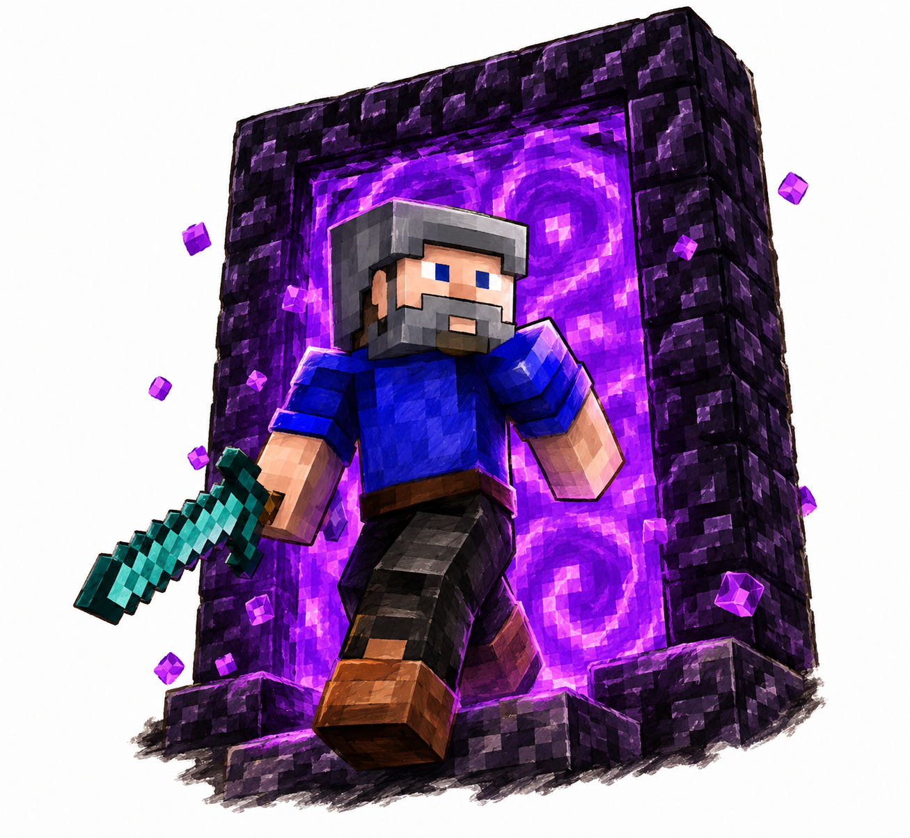 Eine pixelige Minecraft-Figur eines Mannes mit grauem Bart, blauer Jacke, braunen Schuhen und einem Diamond-Schwert, die aus dem Nether-Portal kommt.
