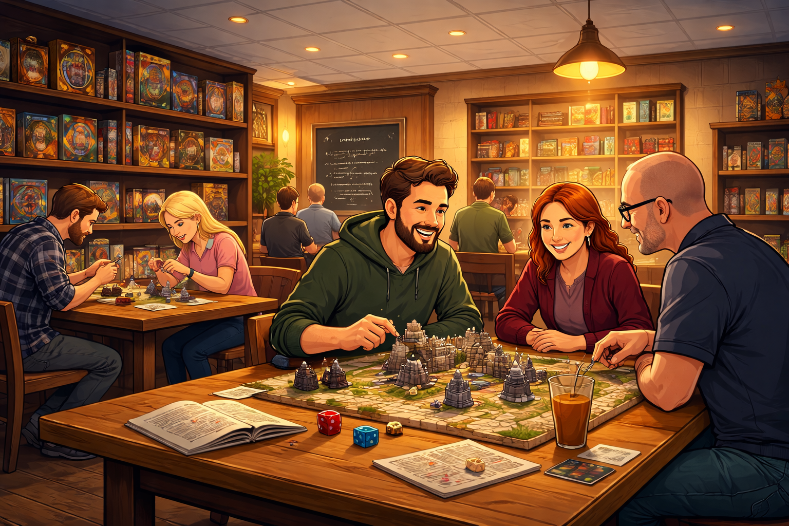 Menschen spielen Brettspiele im Spielraum einer Bar, mit Spielmaterialien, Dosen, Papier, einem Getränk, und Regalen mit Brettspielen im Hintergrund.