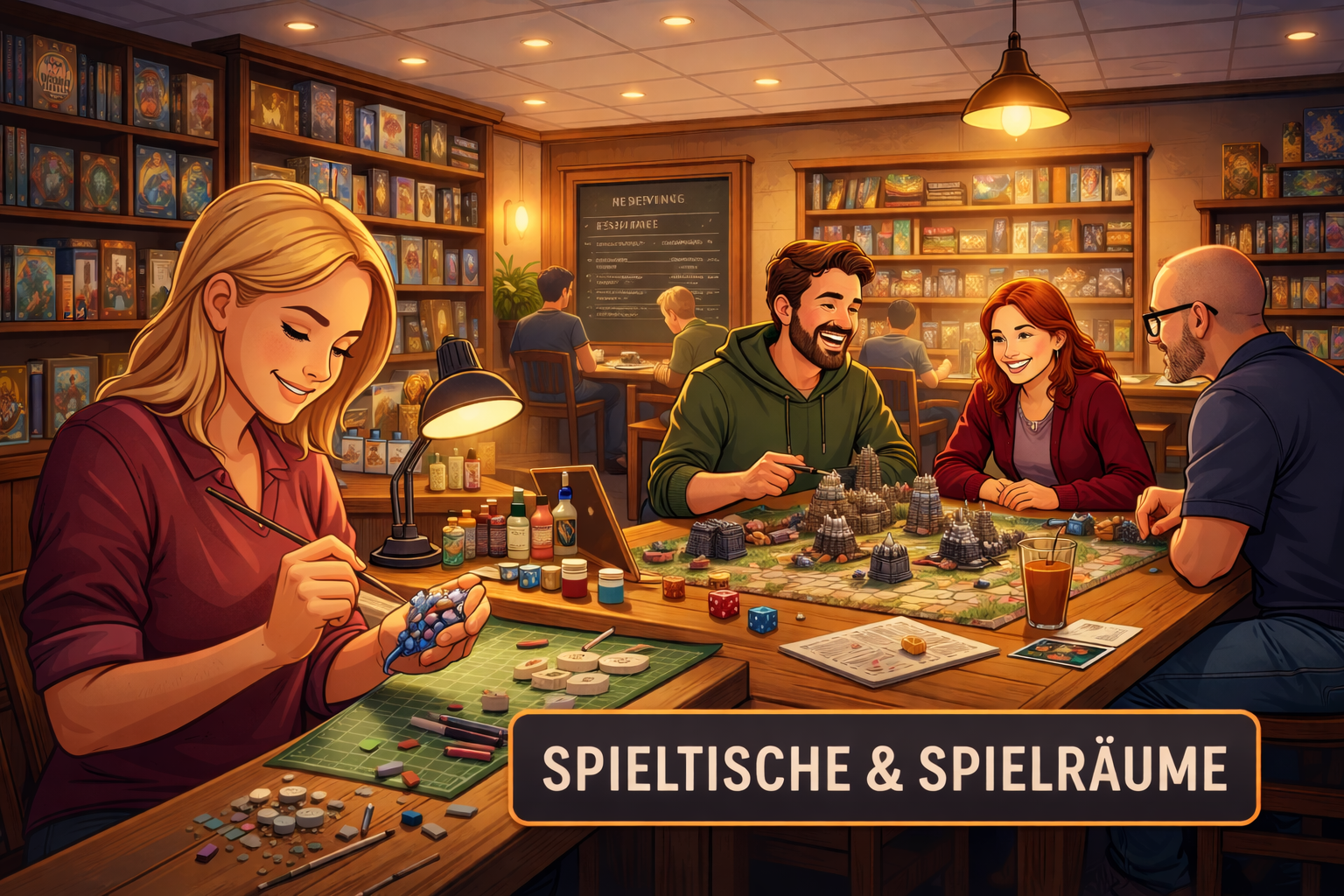 Menschen spielen Brettspiele in einem gemütlichen Raum mit Bücherregalen, beim Malen und Würfeln, Getränke auf dem Tisch.