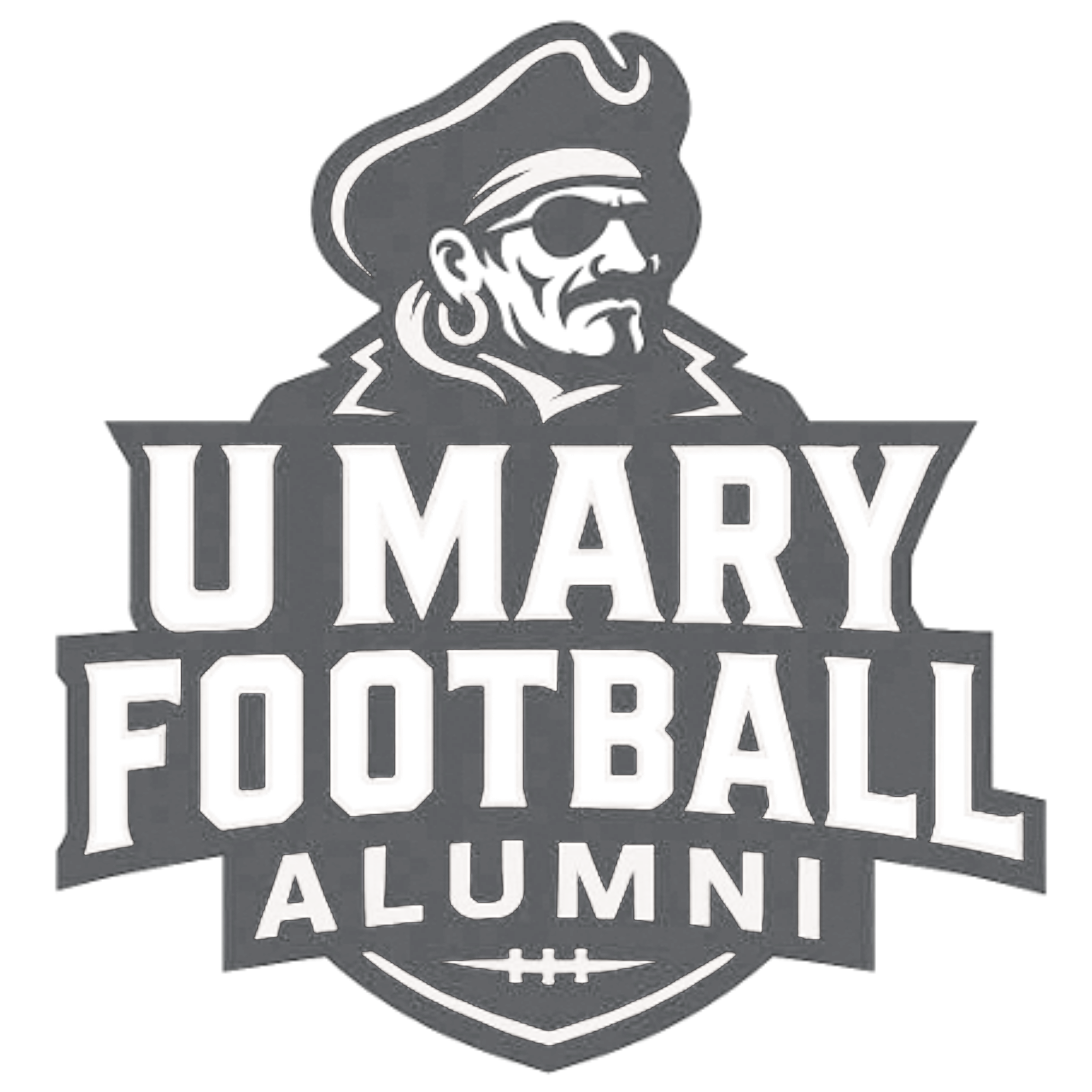 Black and white logo featuring a stylized image of a man with sunglasses and a headset, with the text 'U MARY FOOTBALL ALUMNI'.