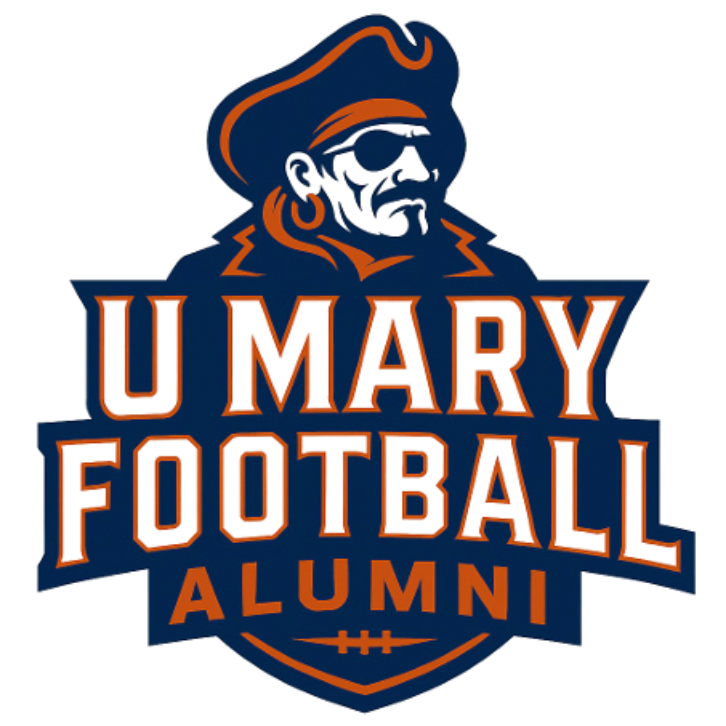 Logo for U Mary Football Alumni featuring a stylized old-fashioned football coach wearing sunglasses and a cap, with bold orange and blue text.