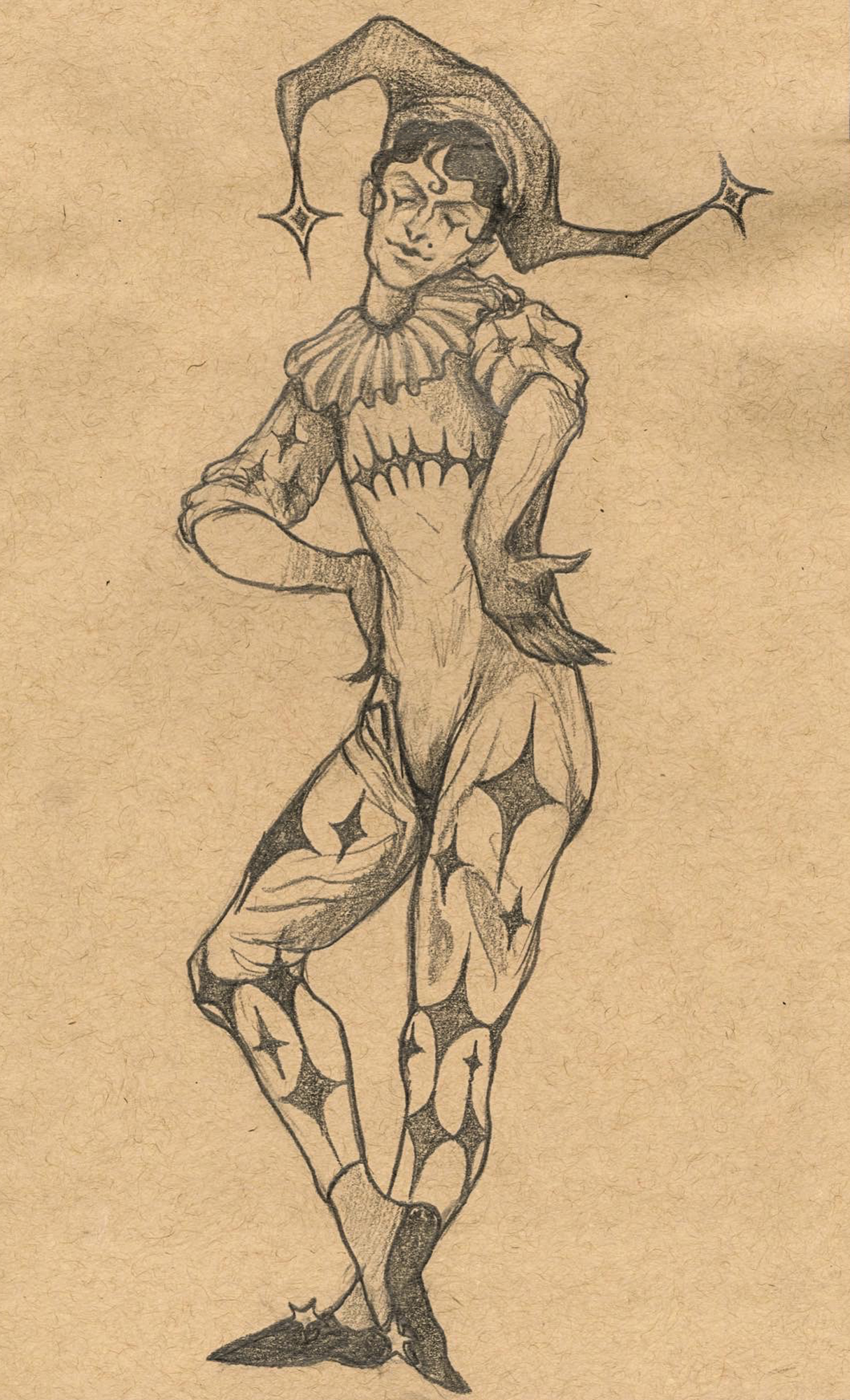 Jester #1, Graphite on Toned Tan Paper, 10 x 5in., 2023