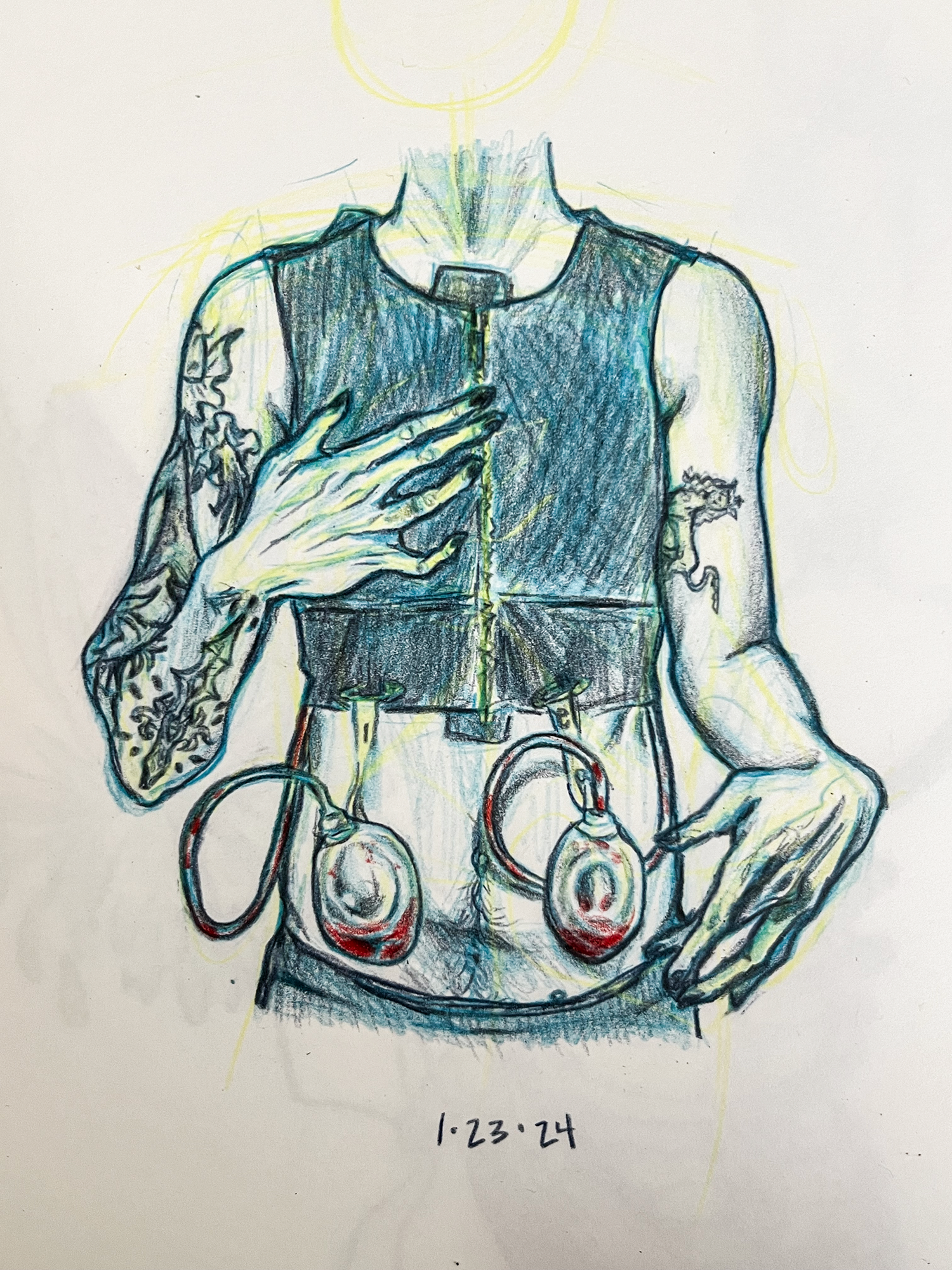 2 days post OP, Colored Pencil and Graphite on Paper, 2024
