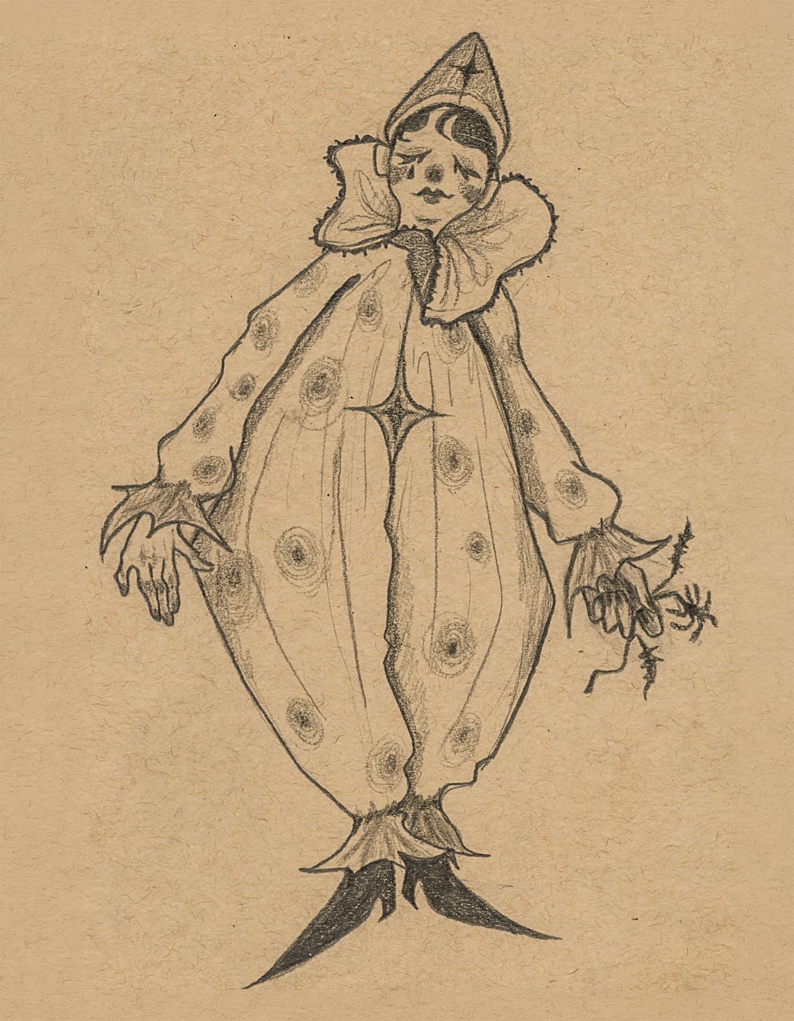 Cloud the Clown, Graphite on Toned Tan Paper, 8.5 x 5.5in., 2023