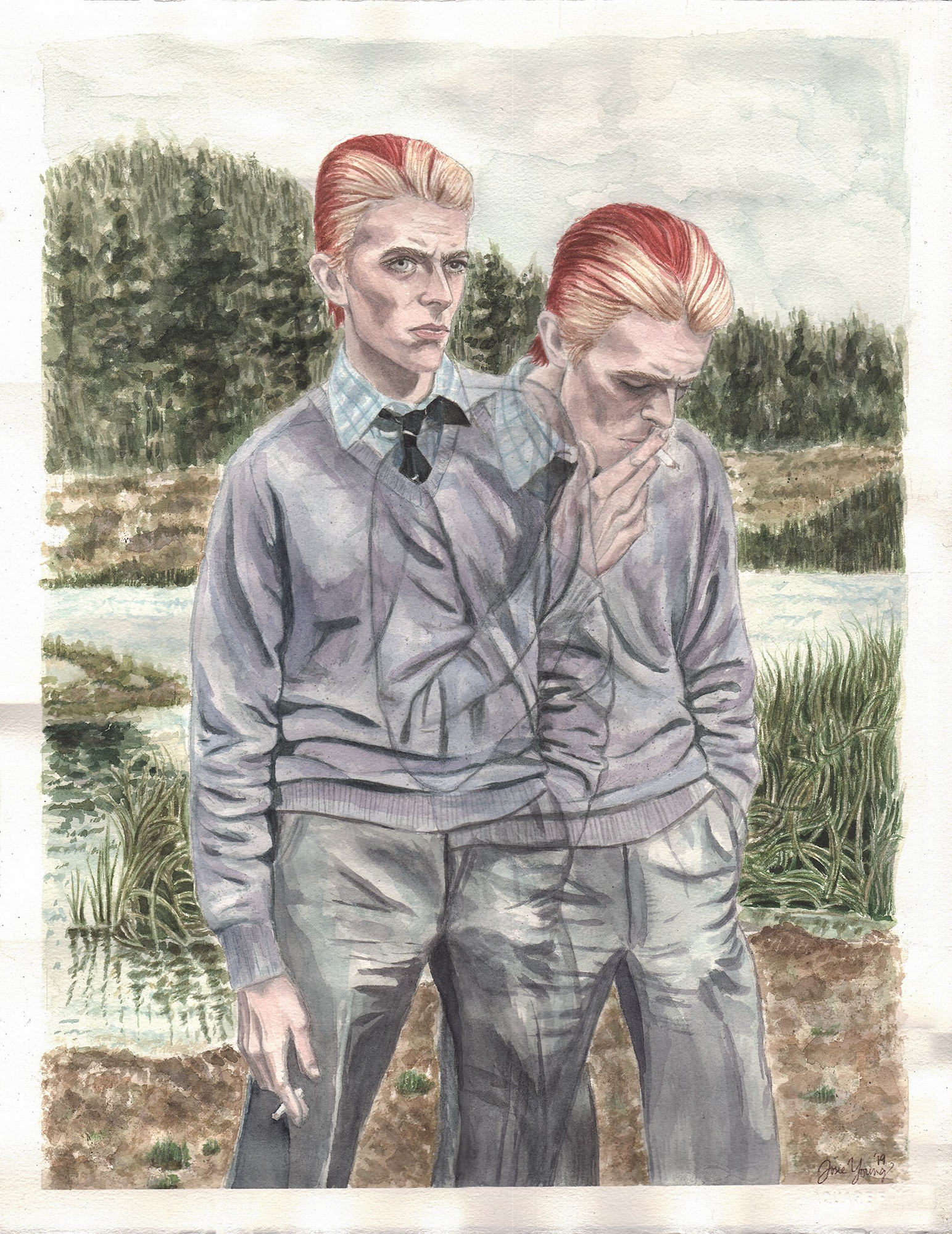 Cigarette Break, Watercolor on Paper, 24 x 18in., 2019