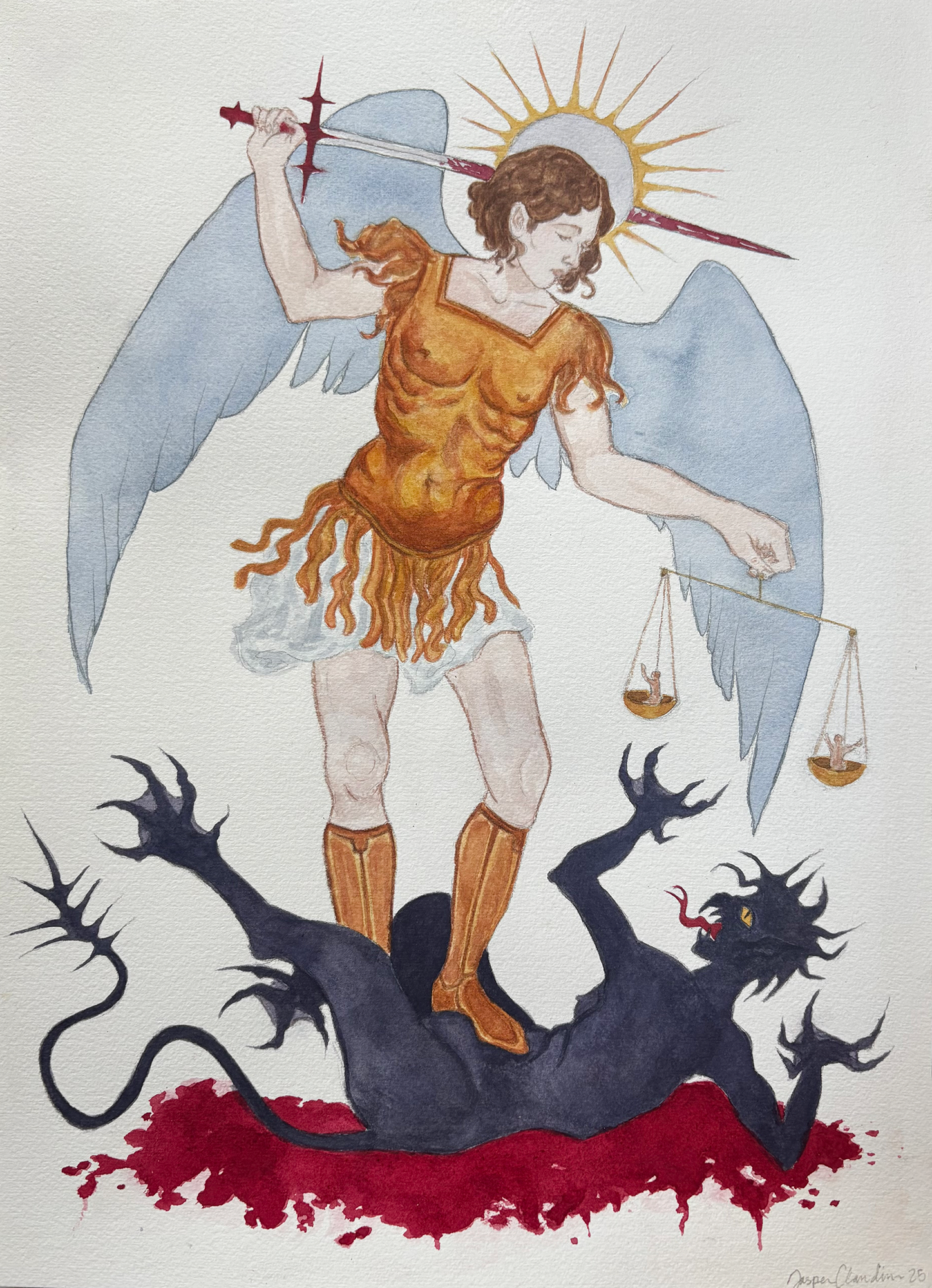 Michael Slaying Satan, Watercolor, 13 x 10in., 2025