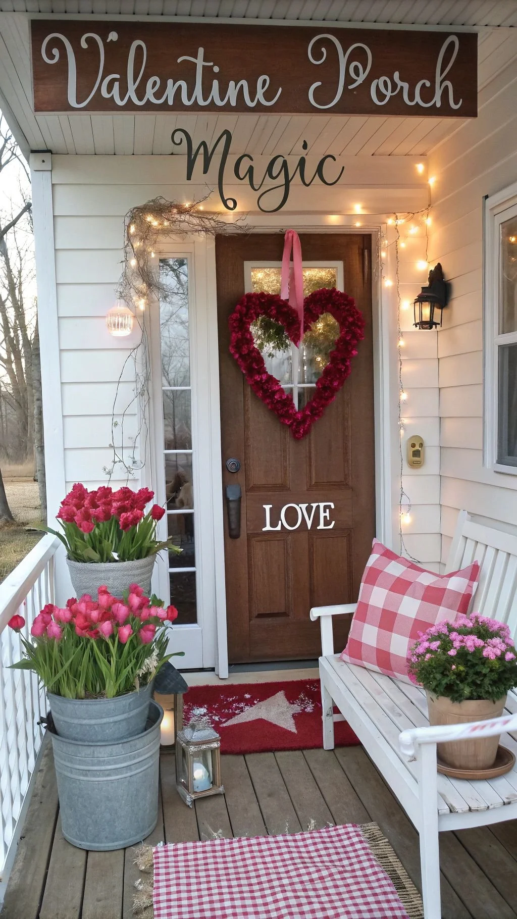 Decorated front porch with a Valentine's Day theme, featuring a sign that reads 'Valentine Porch Magic,' a heart-shaped flower arrangement hanging on the door, potted flowers, a bench with a pink checkered pillow, string lights, and a red rug with a star design.