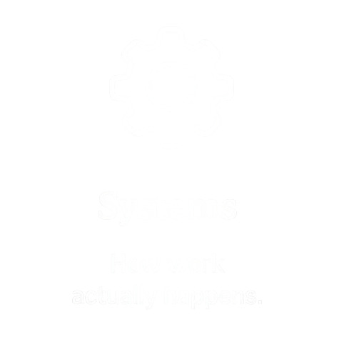 Icon of a gear above the word "Systems" with the phrase "How work actually happens."