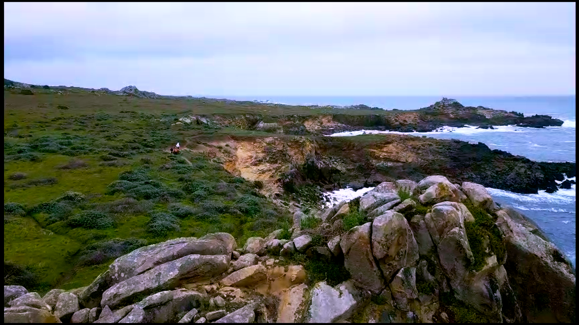 Coastal landscape with rocky shoreline, green fields, and ocean waves under cloudy sky.