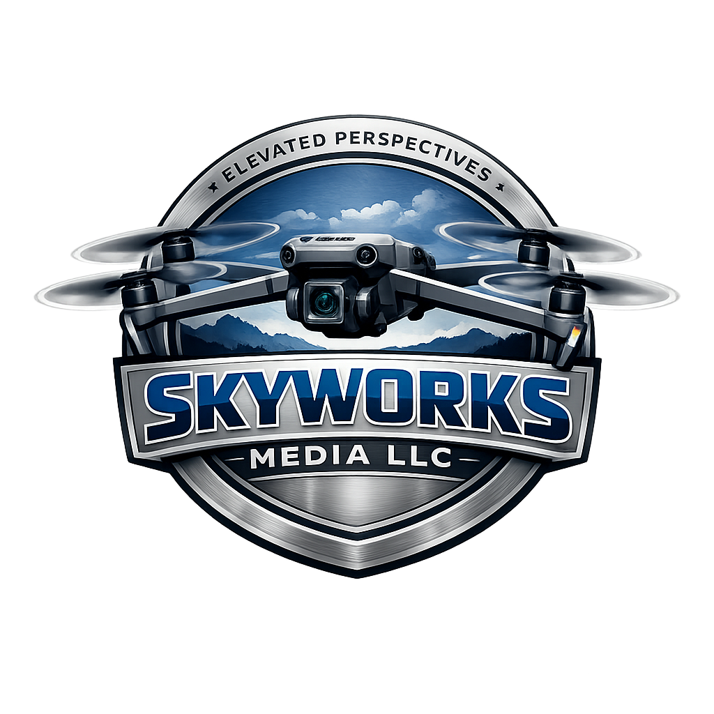 A logo featuring a drone with a camera flying over a stylized mountain landscape, with the text 'SKYWORKS MEDIA LLC' and a circular banner reading 'Elevated Perspectives.'