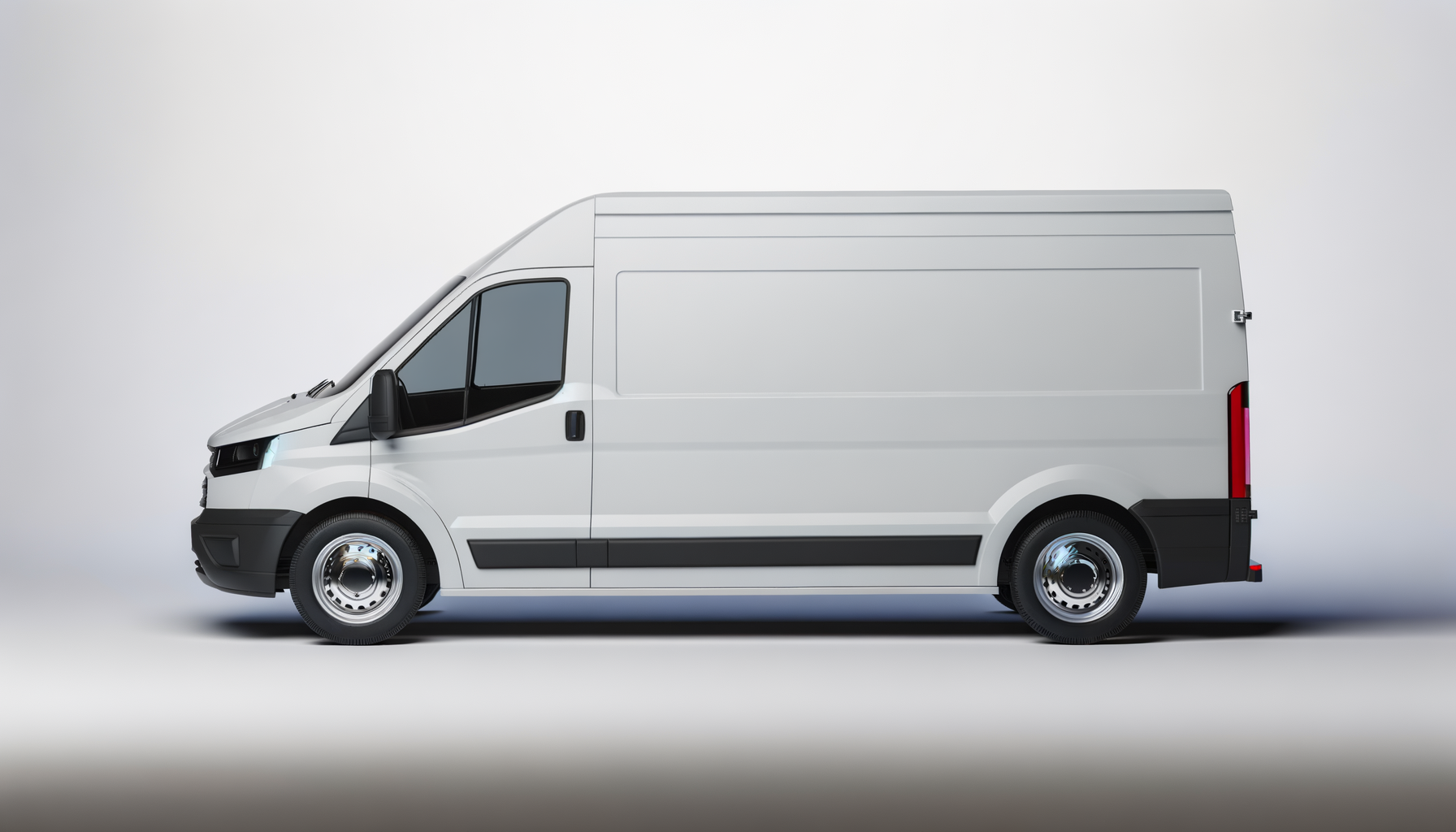 A white cargo delivery van against a plain background, viewed from the side.