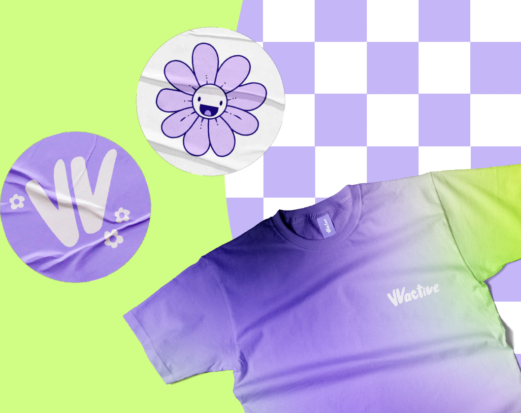 A purple and green tie-dye T-shirt with the word 'Vactive' on it, alongside two circular stickers featuring purple and white drawings: one of a smiling flower with purple petals and the other of a stylized letter 'W' with small floral accents, set against a colorful background.
