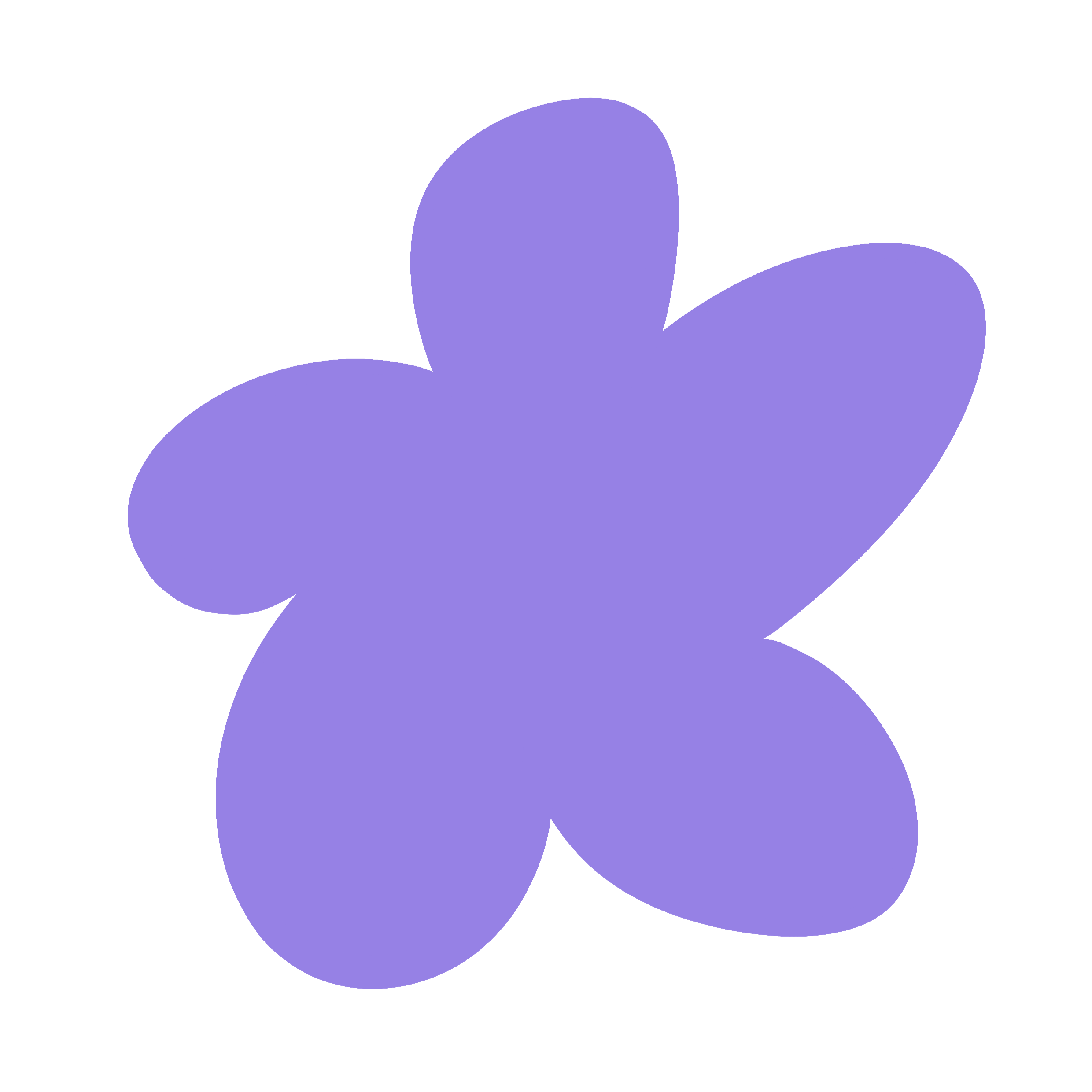 A simplified, abstract illustration of a purple flower with five petals on a black background.
