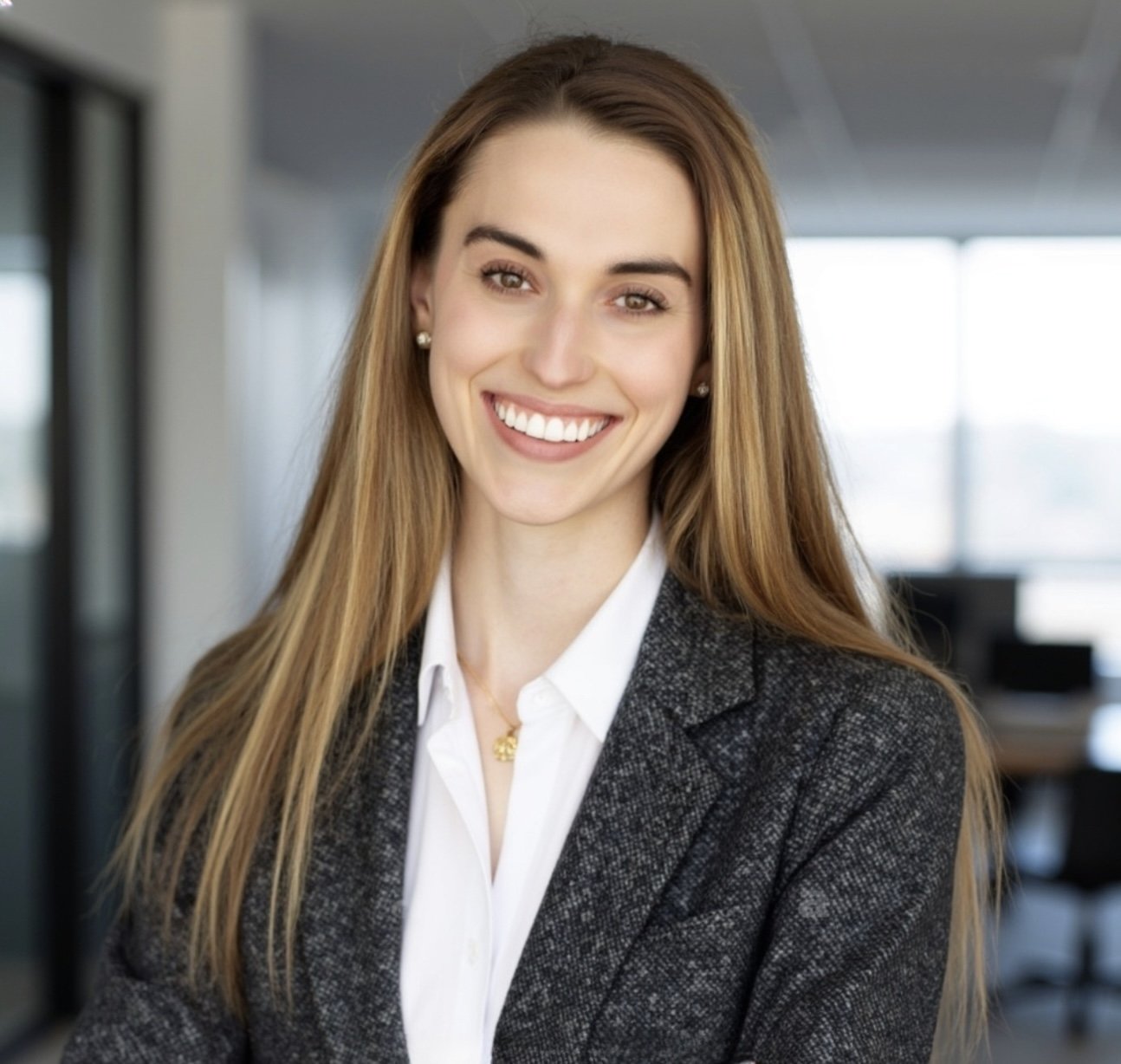 Portrait of a smiling woman with long, straight hair, wearing a white shirt and a dark blazer, in an office setting.