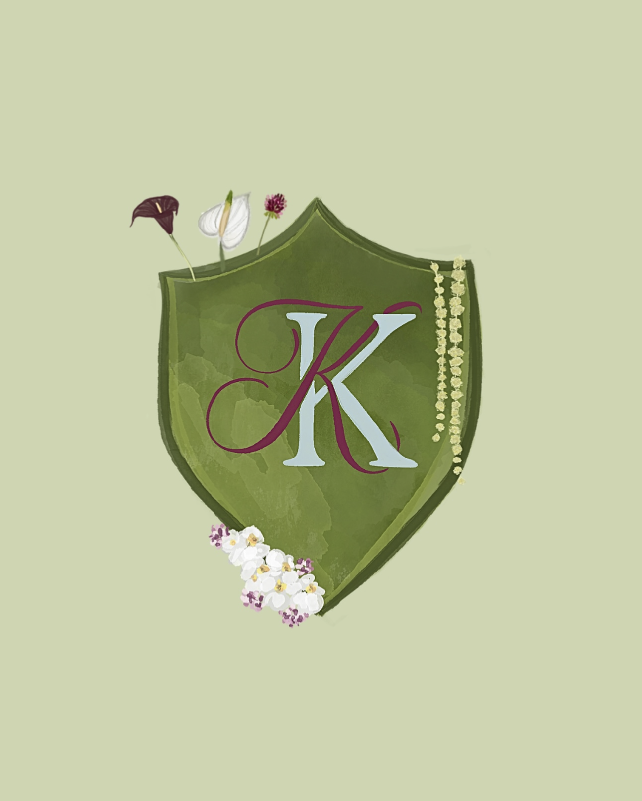A green shield with the letter K in the center, surrounded by flowers and foliage, on a light green background.