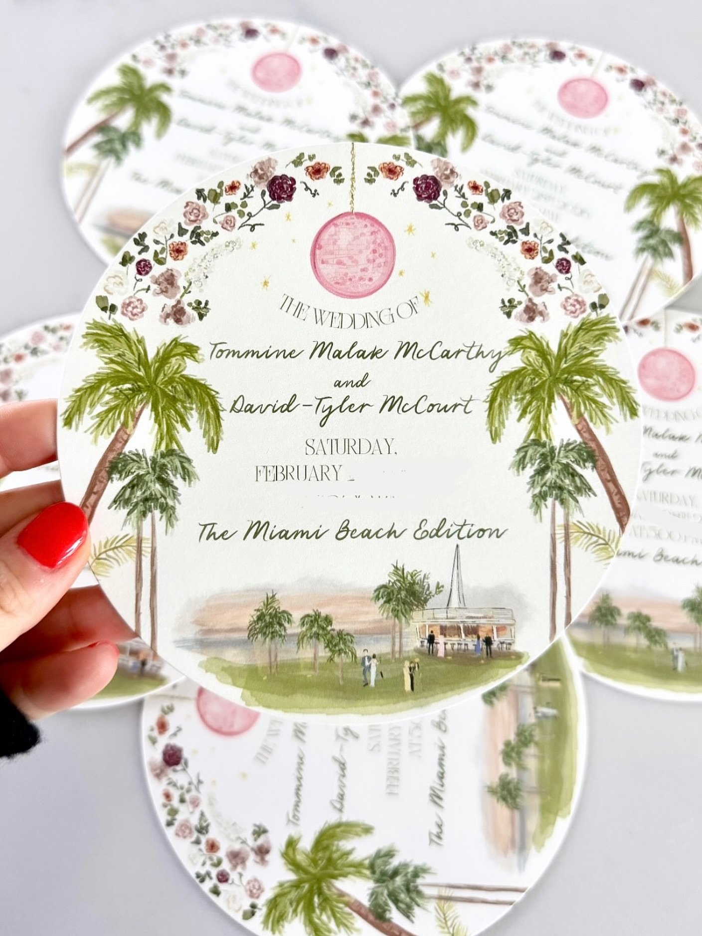 the perfect Miami invite for T&amp;D with a custom illustration of the Sundial Bar at cocktail hour 🍸🌴🌷