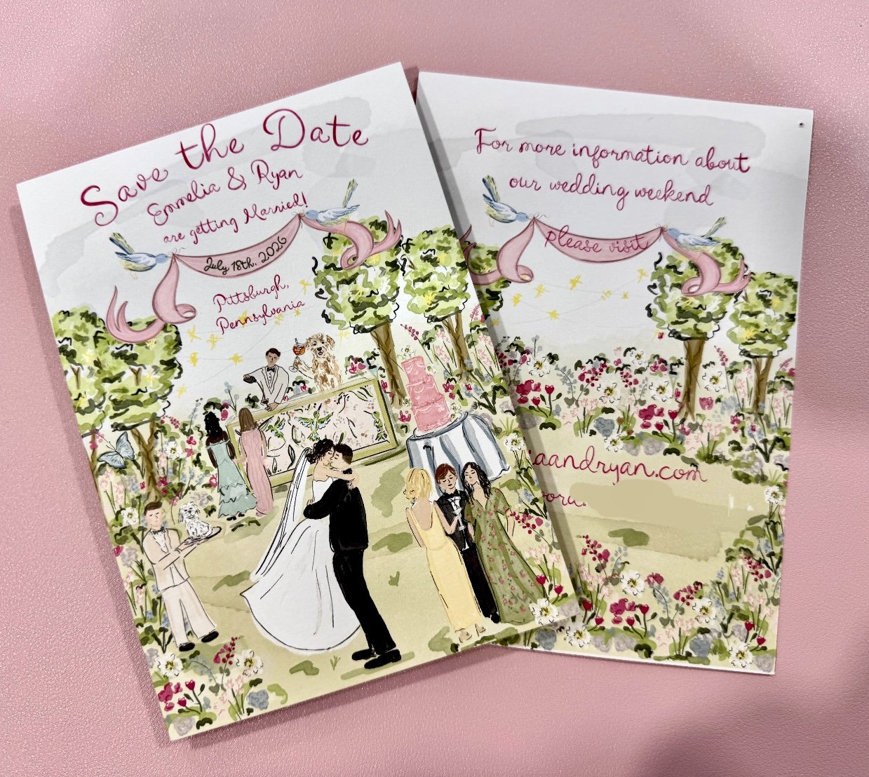 Colorful illustrated wedding invitation featuring a garden scene with trees, flowers, and birds, with text reading "Save the Date," wedding date, location, and website, and an illustration of a bride and groom, guests, and decorative elements.