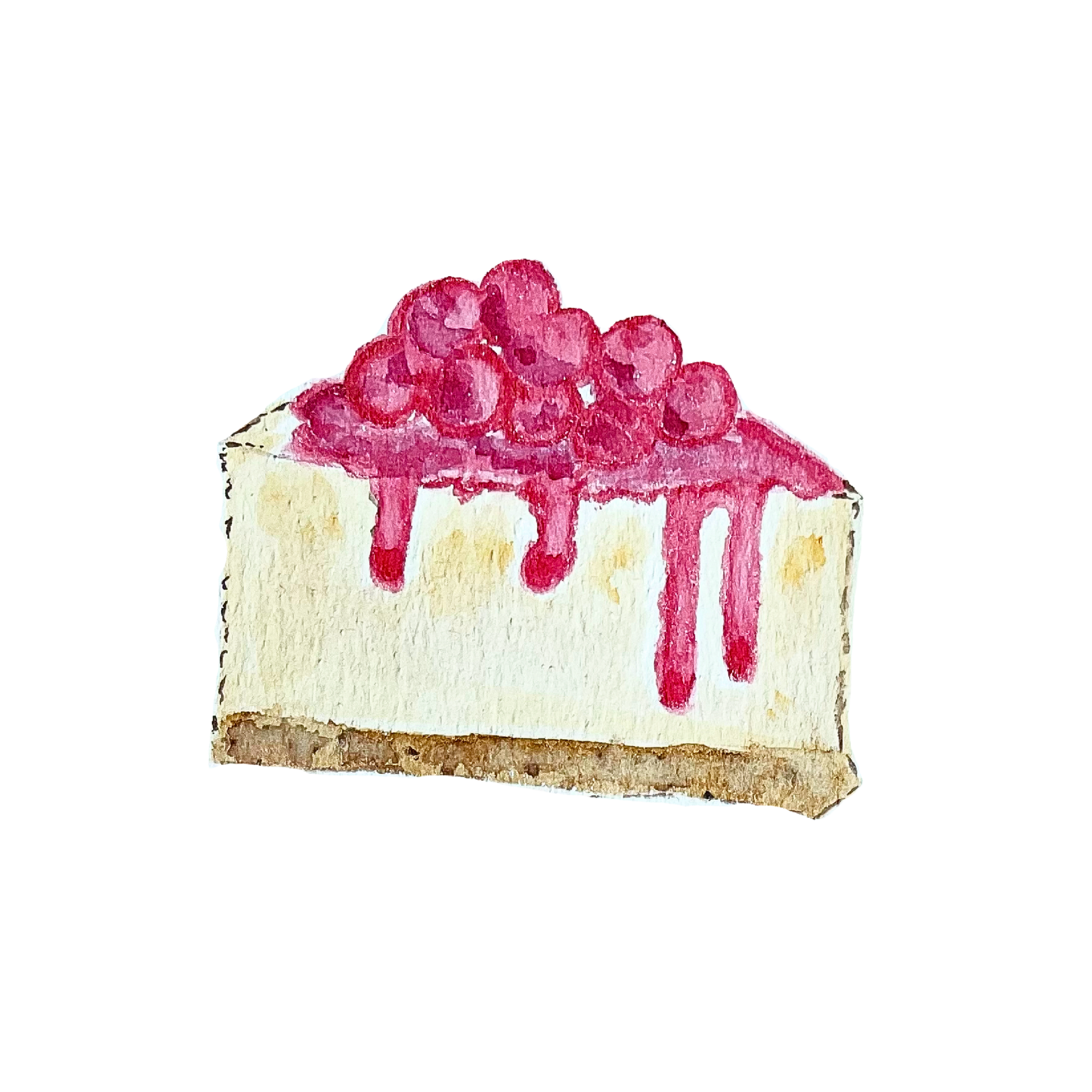 A slice of cheesecake topped with red berries and berry sauce.