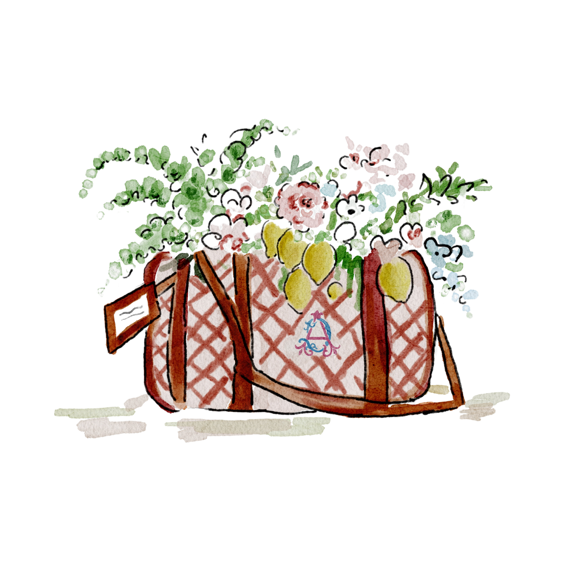 A watercolor illustration of a plaid-patterned tote bag filled with flowers and greenery, with an embroidered monogram on the front.