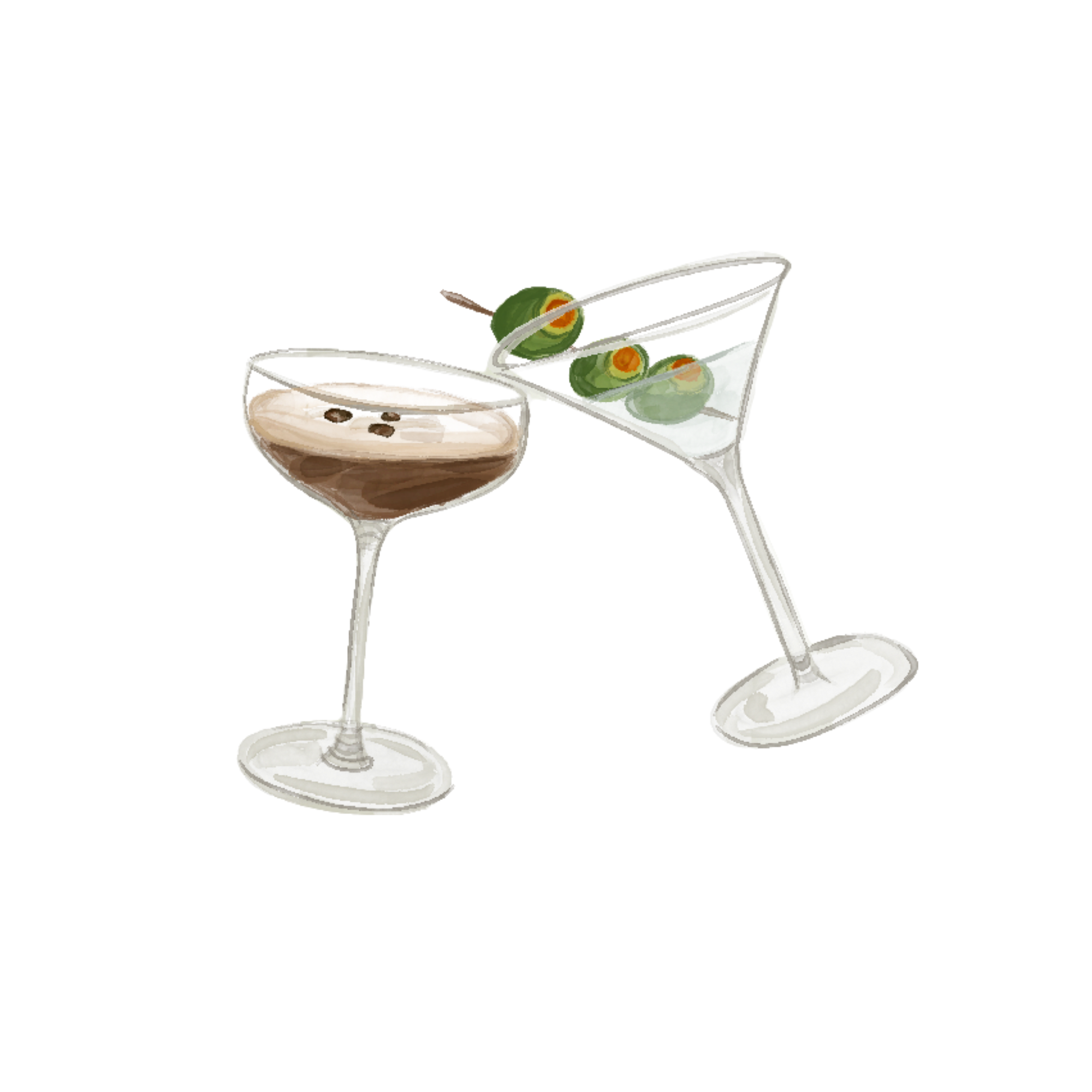 Two martini glasses, one filled with a brown liquid and coffee beans, the other with a clear liquid with olives on a skewer.