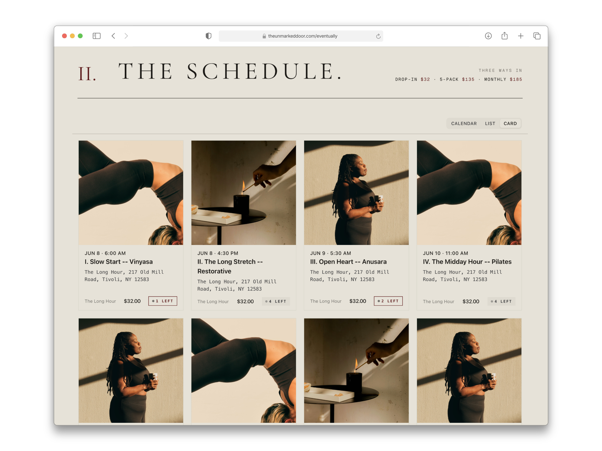 Screenshot of a webpage displaying yoga class schedule with photos of women practicing yoga and details of classes including date, time, instructor, and location.