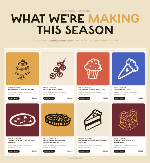 Honey & Salt cooking school cards widget showing 8 illustrated dessert classes with prices and dates