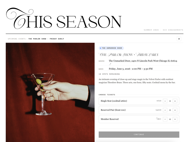 The Unmarked Door supper club site with the big baroque THIS SEASON headline as focal point and embedded list widget below — $95 Parlor Show events and free walk-in close-up at the bar